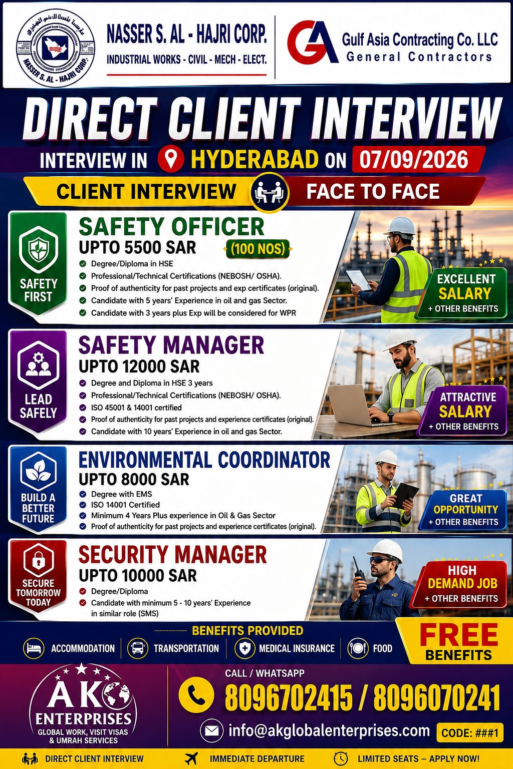 Urgently Hiring for Saudi Arabia For Nasser S. Al-Hajri Corp. & Gulf Asia Contracting Co. LLC — AK ENTERPRISES, Saudi Arabia, Saudi Arabia