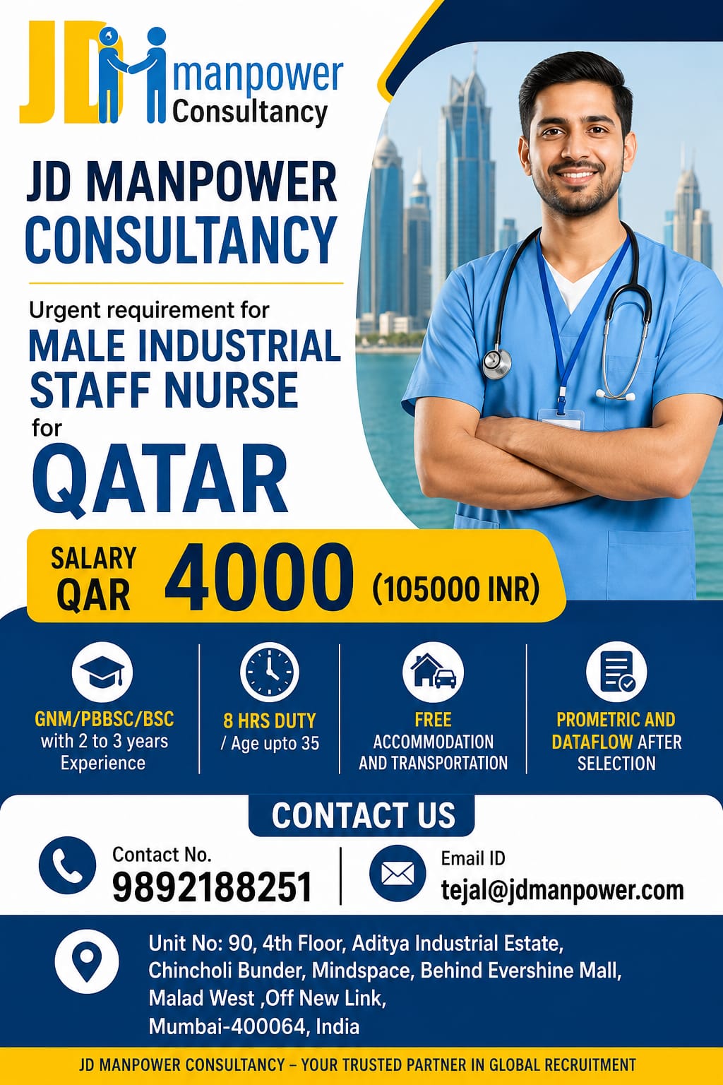 Male Industrial Staff Nurse — JD Manpower Consultancy, Qatar, Qatar