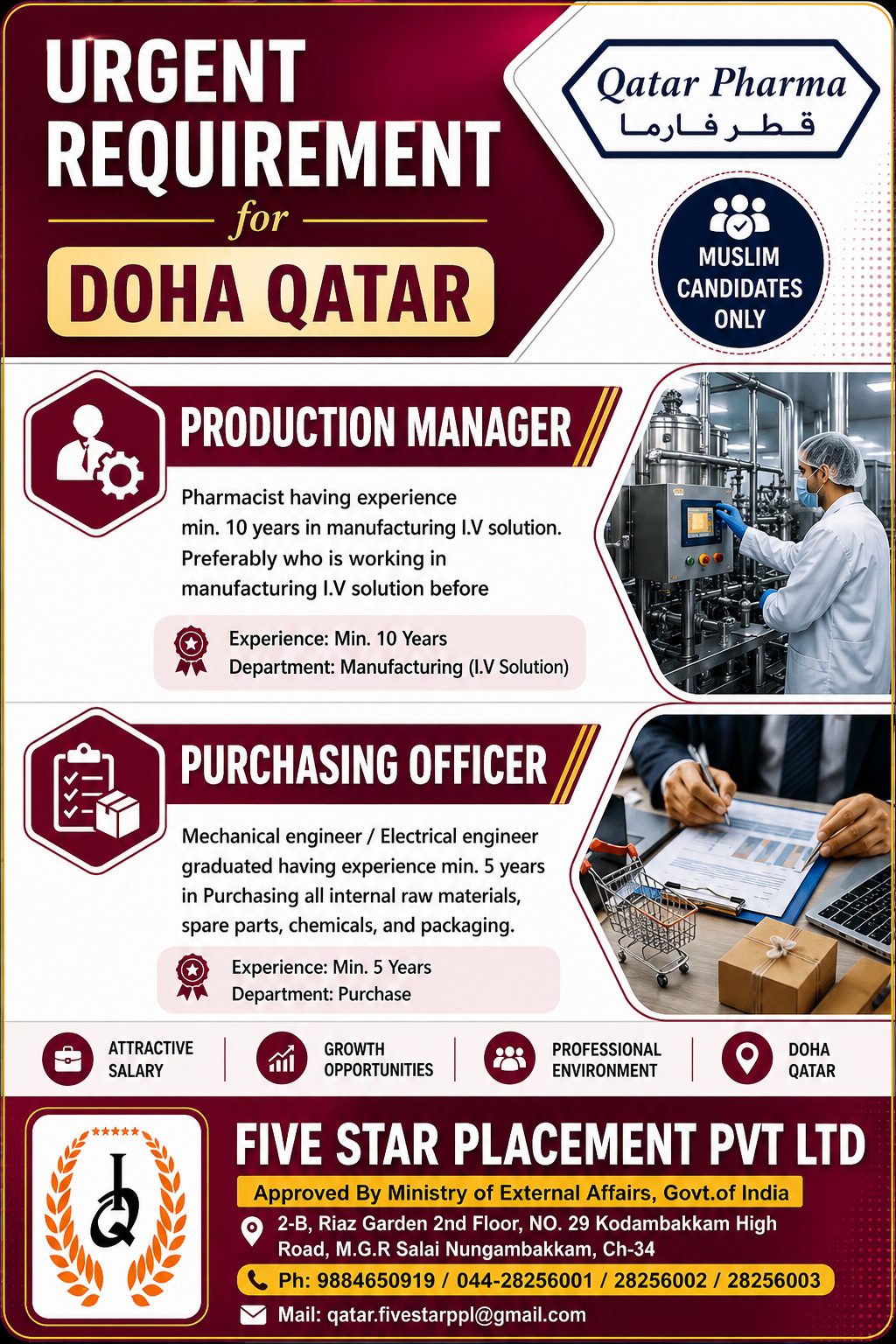 MUSLIM CANDIDATES ONLY FOR DOHA QATAR — Five Star Placement Pvt Ltd, DOHA QATAR, DOHA QATAR