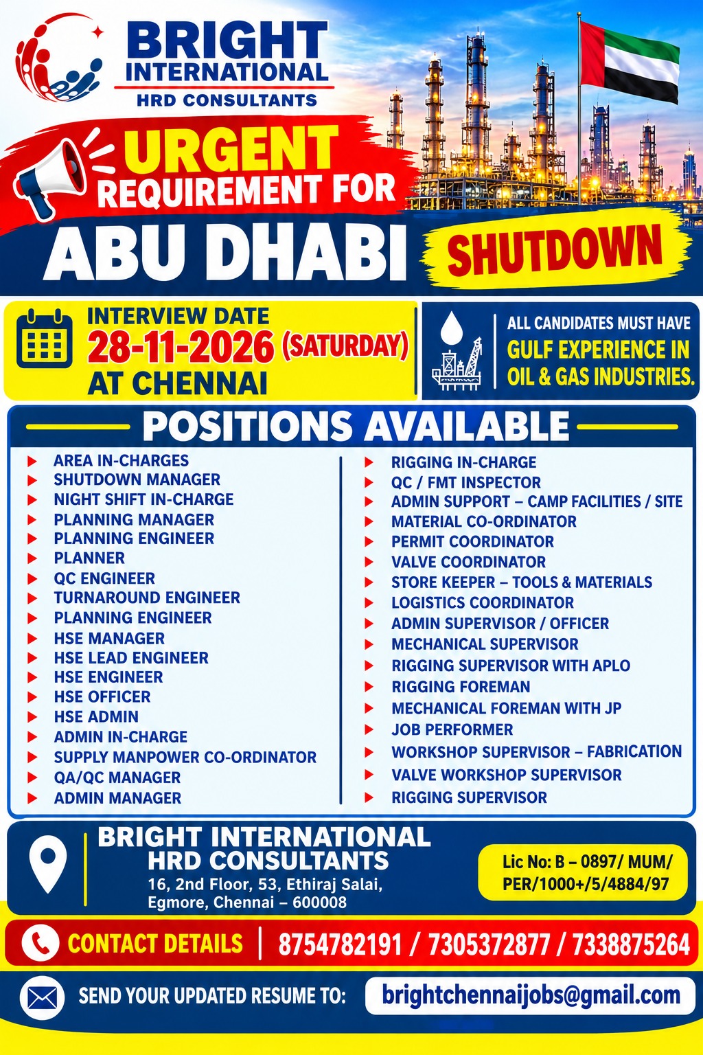 ABU DHABI - SHUTDOWN - REQUIREMENT — Bright International, Chennai, ABU DHABI, ABU DHABI