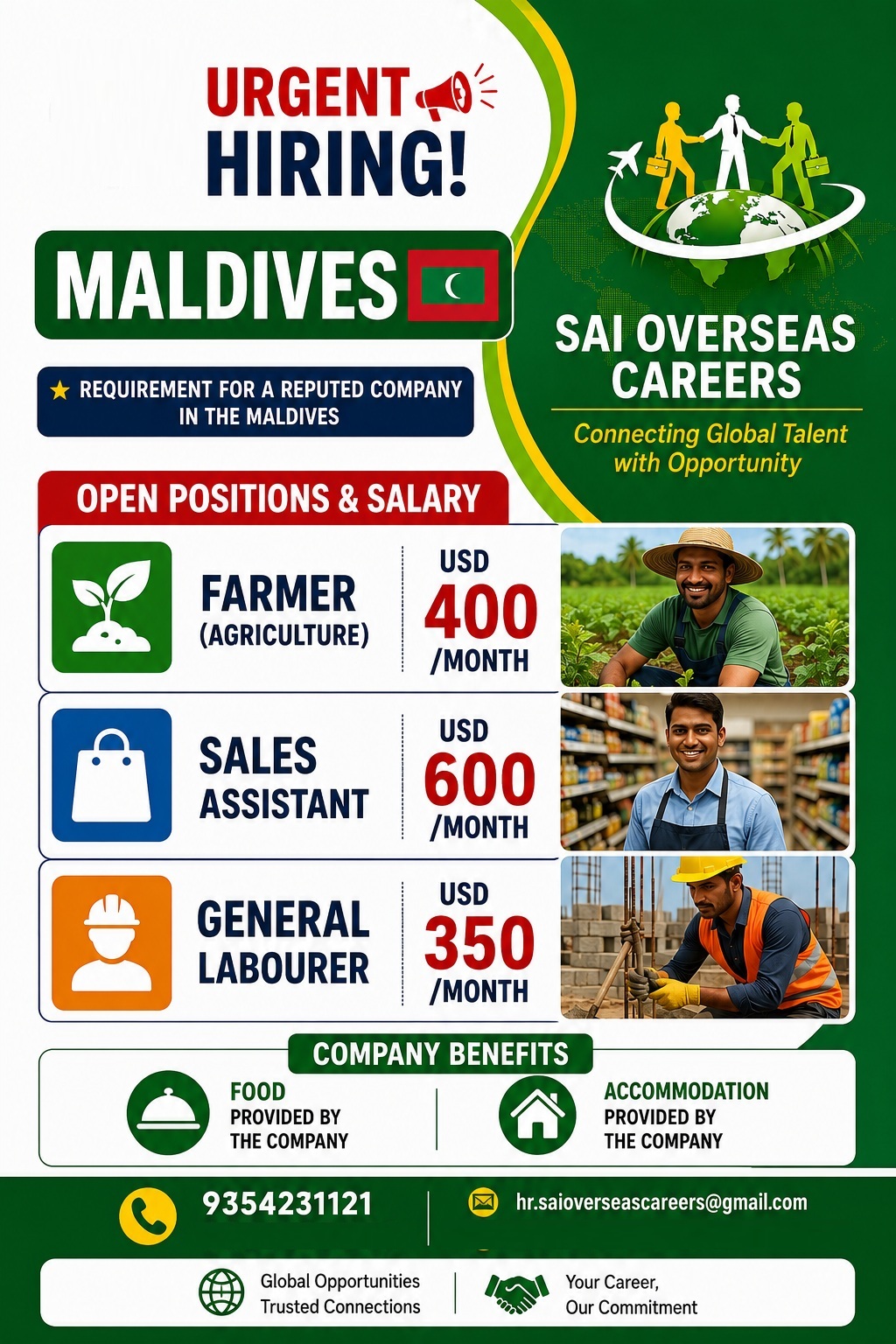 URGENT HIRING IN MALDIVES — Sai Overseas Careers, MALDIVES, MALDIVES