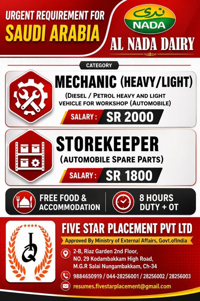 URGENT REQUIREMENT FOR SAUDI ARABIA  - MECHANIC (HEAVY/LIGHT) /STOREKEEPER — Five Star Placement Pvt Ltd, SAUDI ARABIA
