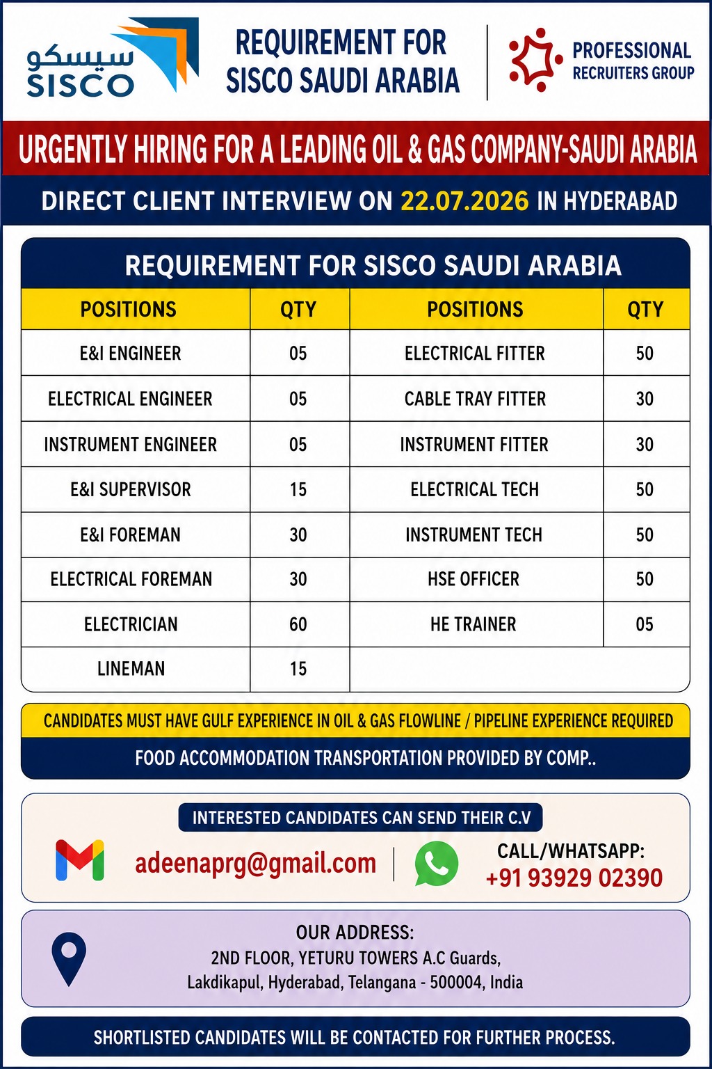 Urgently Hiring for a Leading Oil & Gas Company - Saudi Arabia -DIRECT CLIENT INTERVIEW IN HYDERABAD ON 22nd JULY — ADEENA MAHREEN, Saudi Arabia