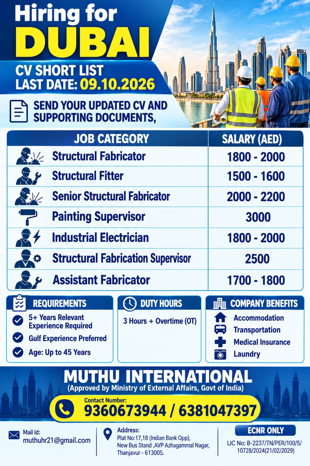 Hiring for Dubai interviews s — MUTHU INTERNATIONAL, United Arab Emirates