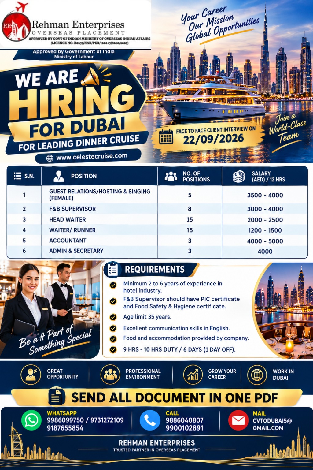 Dinner Cruise Staff Recruitment for Dubai
