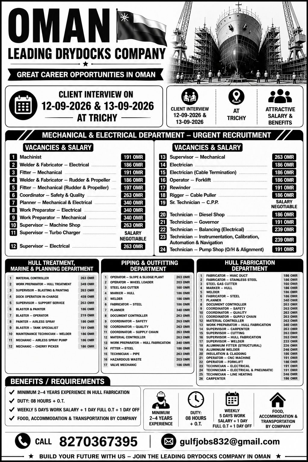 Mechanical & Electrical Department – Urgent Recruitment