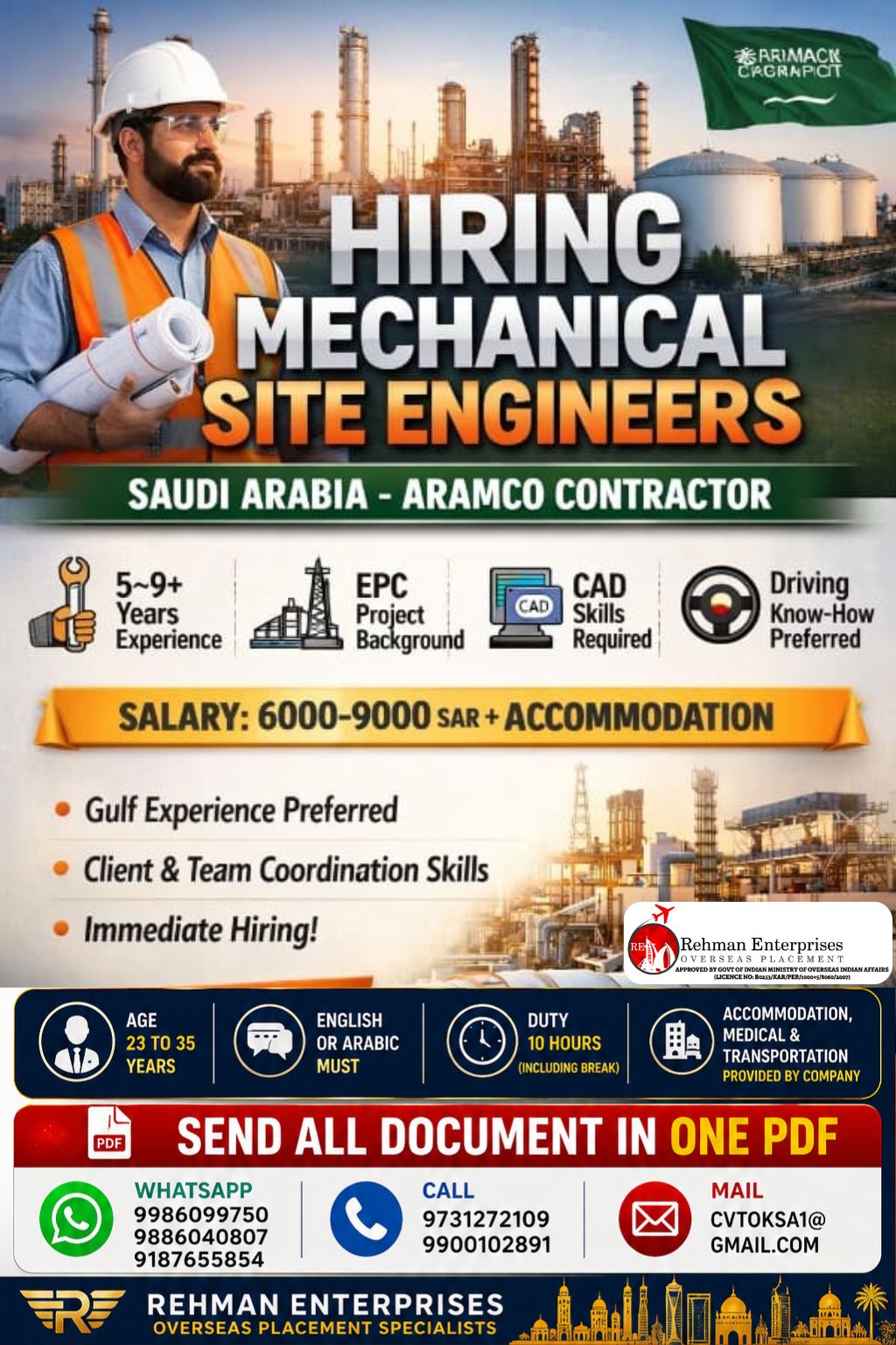 Mechanical Site Engineer — Rehman Enterprises, Saudi Arabia, Saudi Arabia