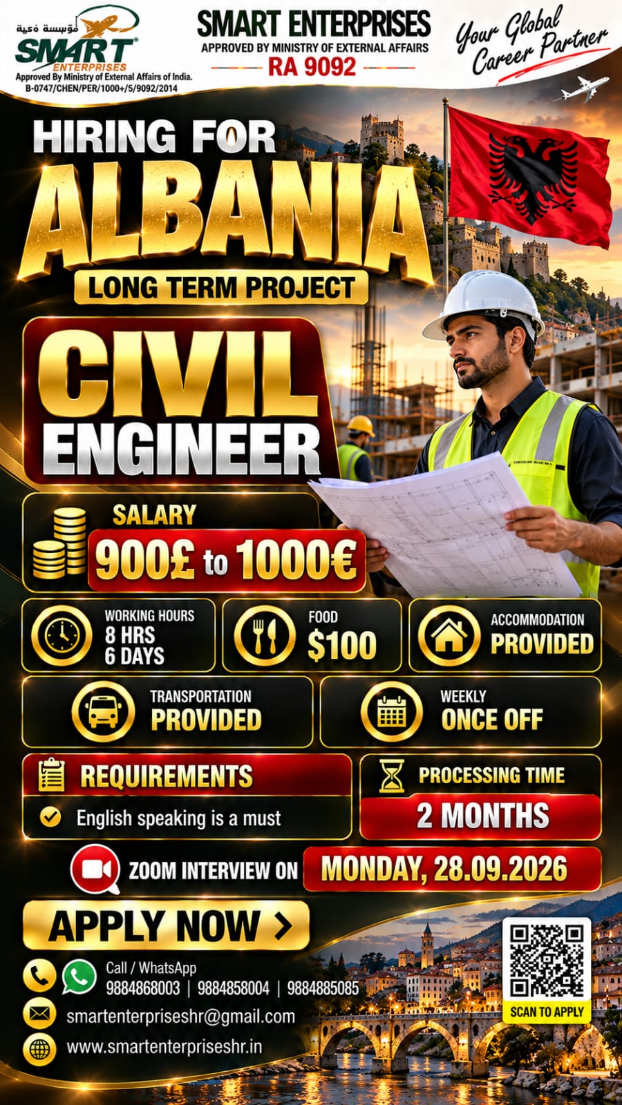 REQUIRES CIVIL ENGINEER — smartenterpriseshr@gmail.com, ALBANIA