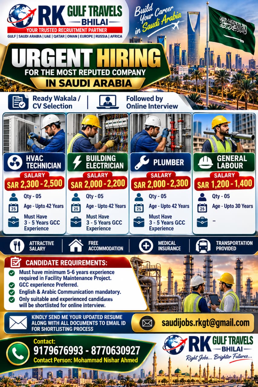 BUILD YOUR CAREER IN MAINTENANCE PROJECT – SAUDI ARABIA. — RK GULF TRAVELS,BHILAI, SAUDI ARABIA