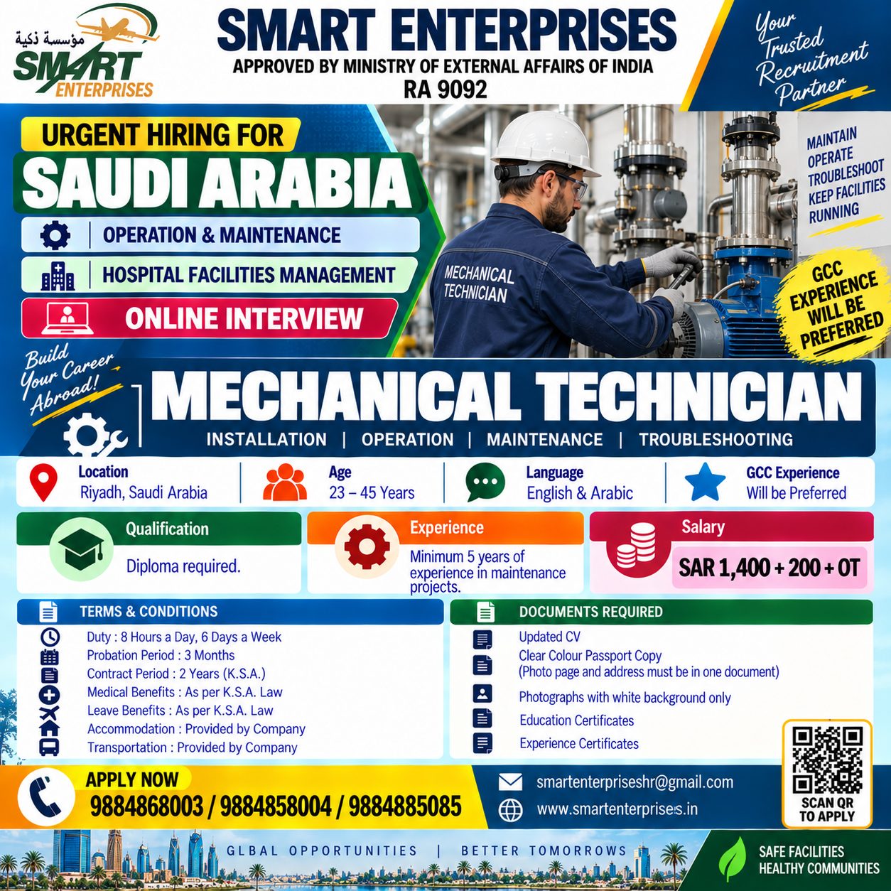 MECHANICAL TECHNICIAN SAUDI ARABIA — smartenterpriseshr@gmail.com, SAUDI ARABIA