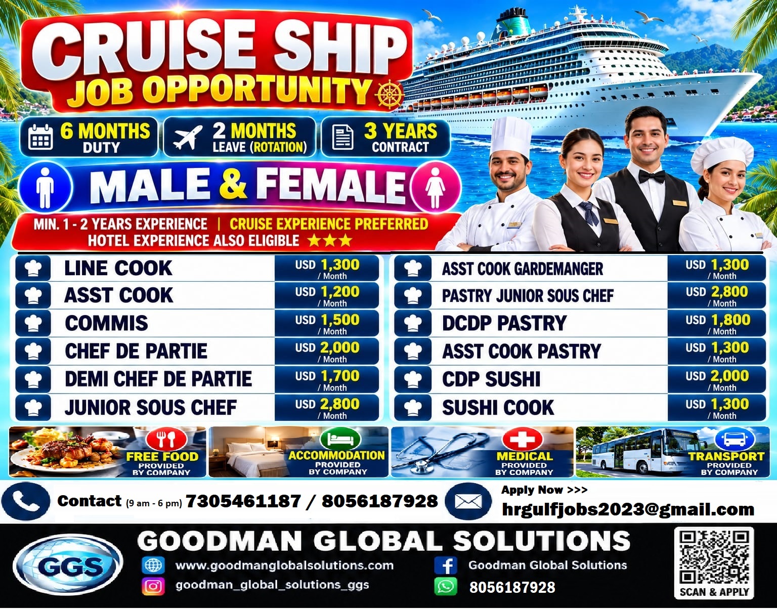 CRUSIE SHIP  ROTATION JOB - 6 MONTH DUTY 2 MONTHS OFF DIRECT CLIENT INTERVIEW IN CHENNAI — GOODMAN GLOBAL SOLUTIONS, USA, USA