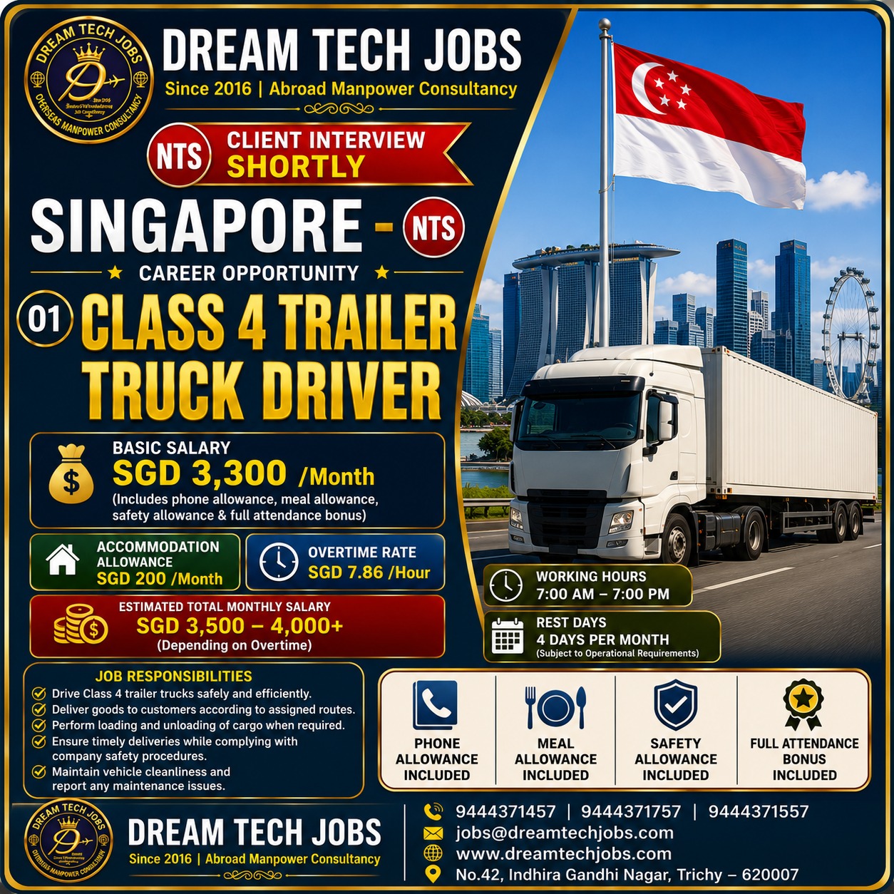 Class 4 Trailer Truck Driver — DREAM TECH JOBS -TRICHY, Singapore, Singapore