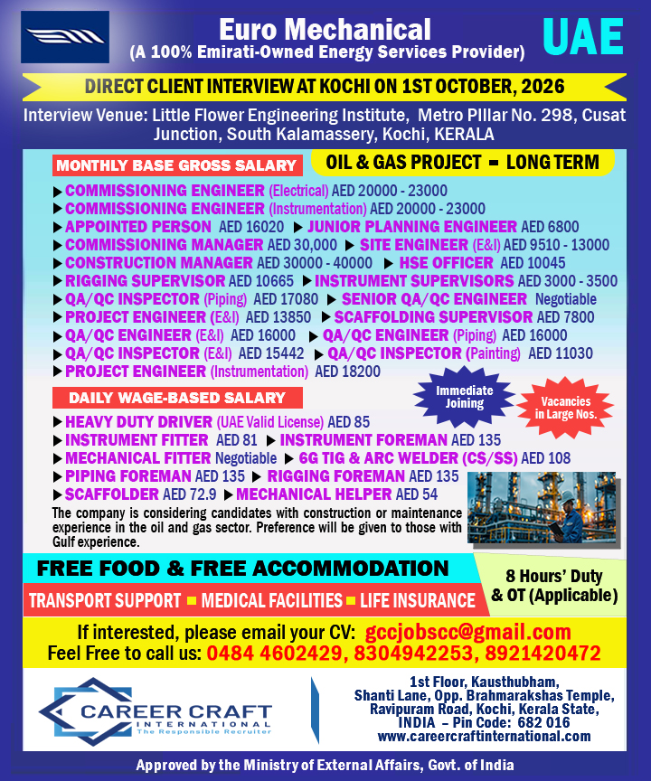 Euro Mechanical conducts a direct client interview in Kochi on 1st October, 2026 -