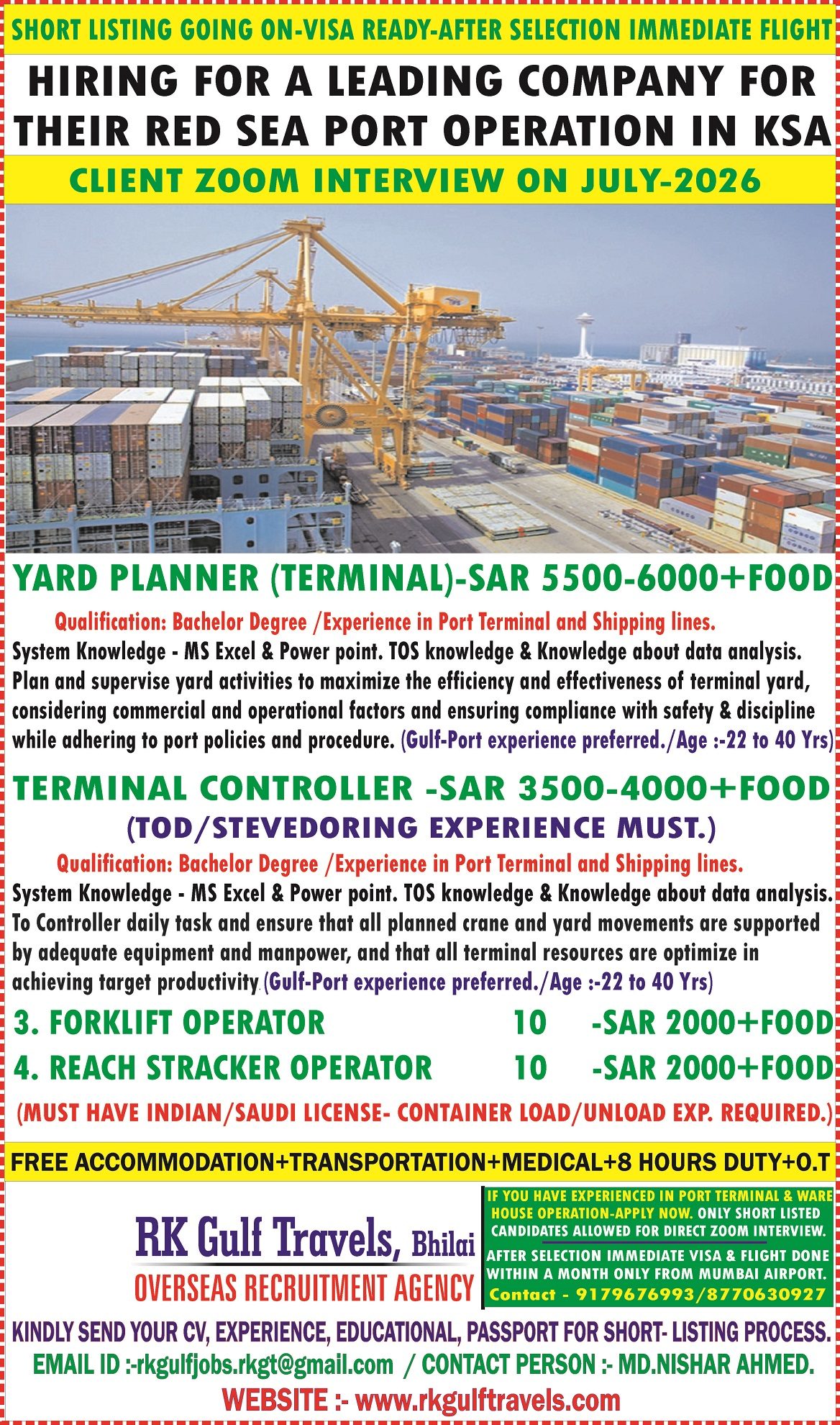 HIRING FOR RED SEA PORT COMPANY – SAUDI ARABIA. — RK GULF TRAVELS,BHILAI, SAUDI ARABIA, SAUDI ARABIA