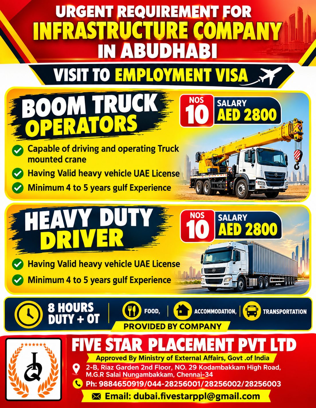 URGENT REQUIREMENT FOR INFRASTRUCTURE COMPANY IN ABUDHABI