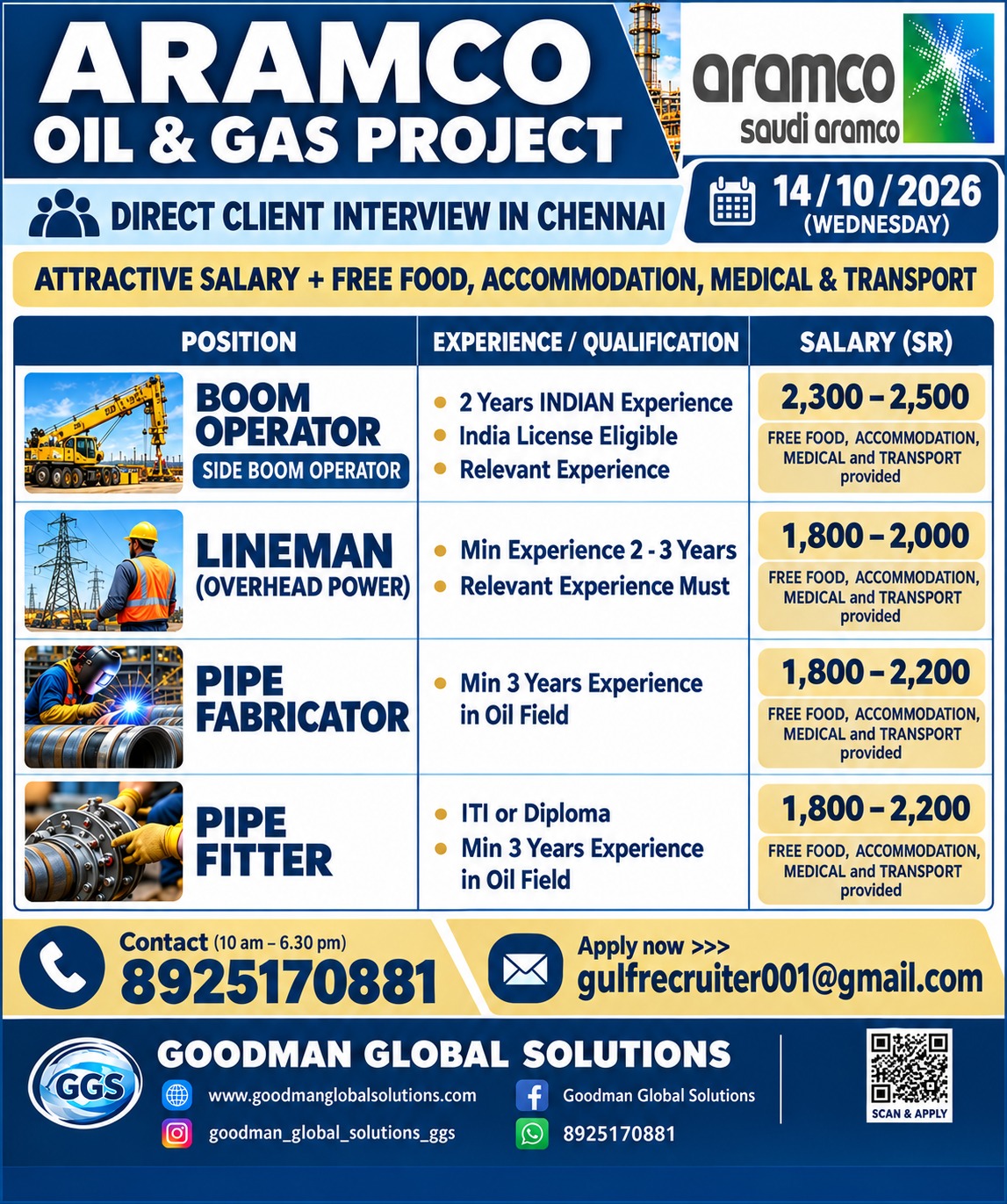 ARAMCO - DIRECT CLIENT INTERVIEW IN CHENNAI @ 14-10-2026 — GOODMAN GLOBAL SOLUTIONS, Saudi Arabia