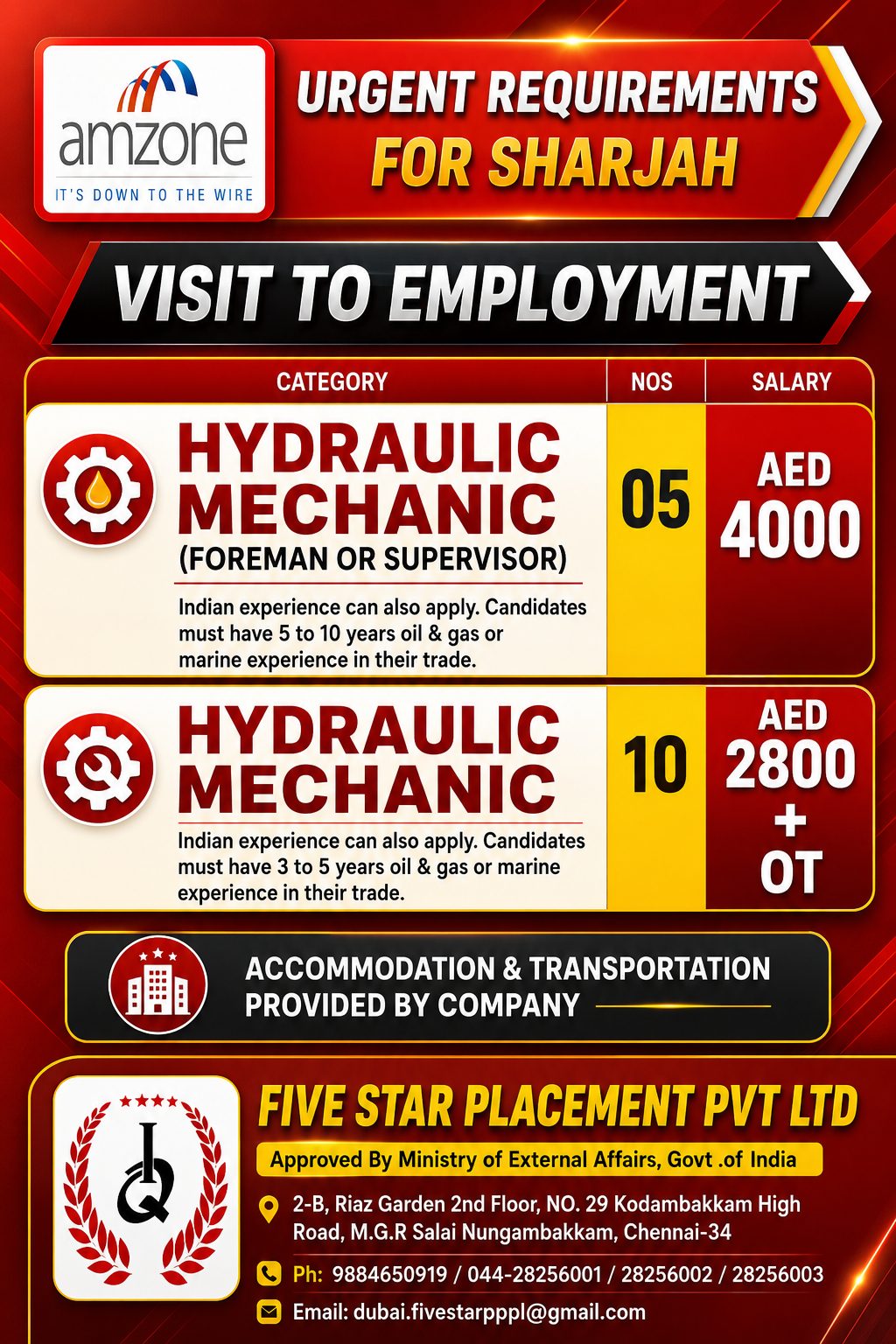 Urgent Requirements for Sharjah -HYDRAULIC MECHANIC — Five Star Placement Pvt Ltd, UAE, UAE