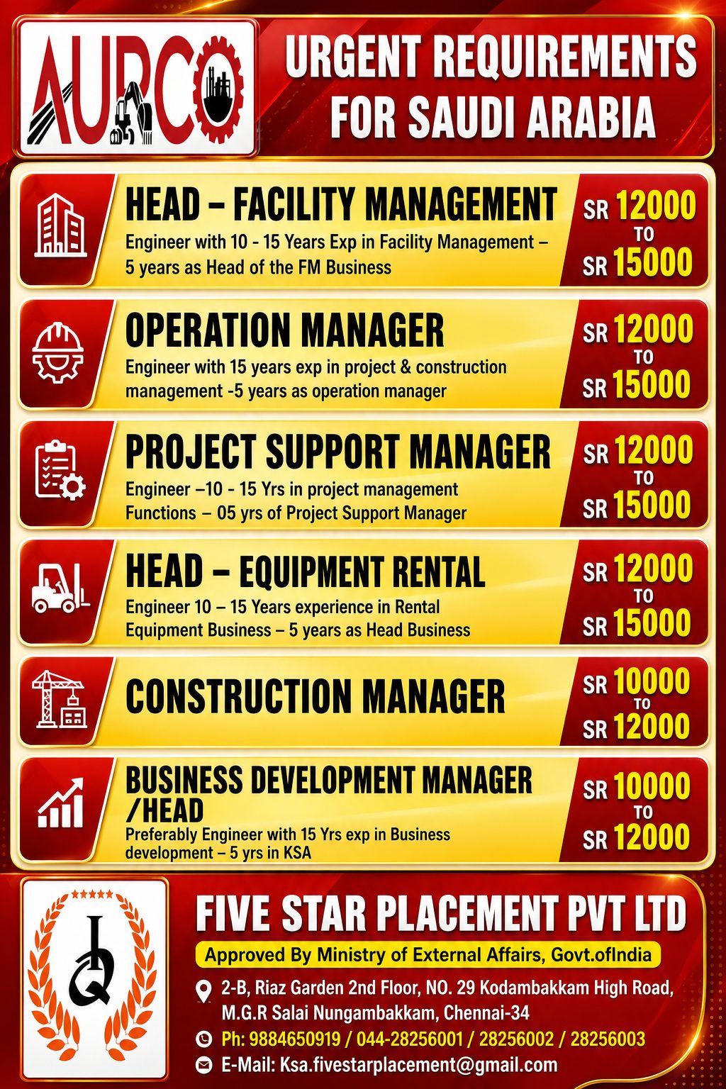 URGENT REQUIREMENTS FOR SAUDI ARABIA - AURCO - ONLINE INTERVIEW — Five Star Placement Pvt Ltd, SAUDI ARABIA, SAUDI ARABIA