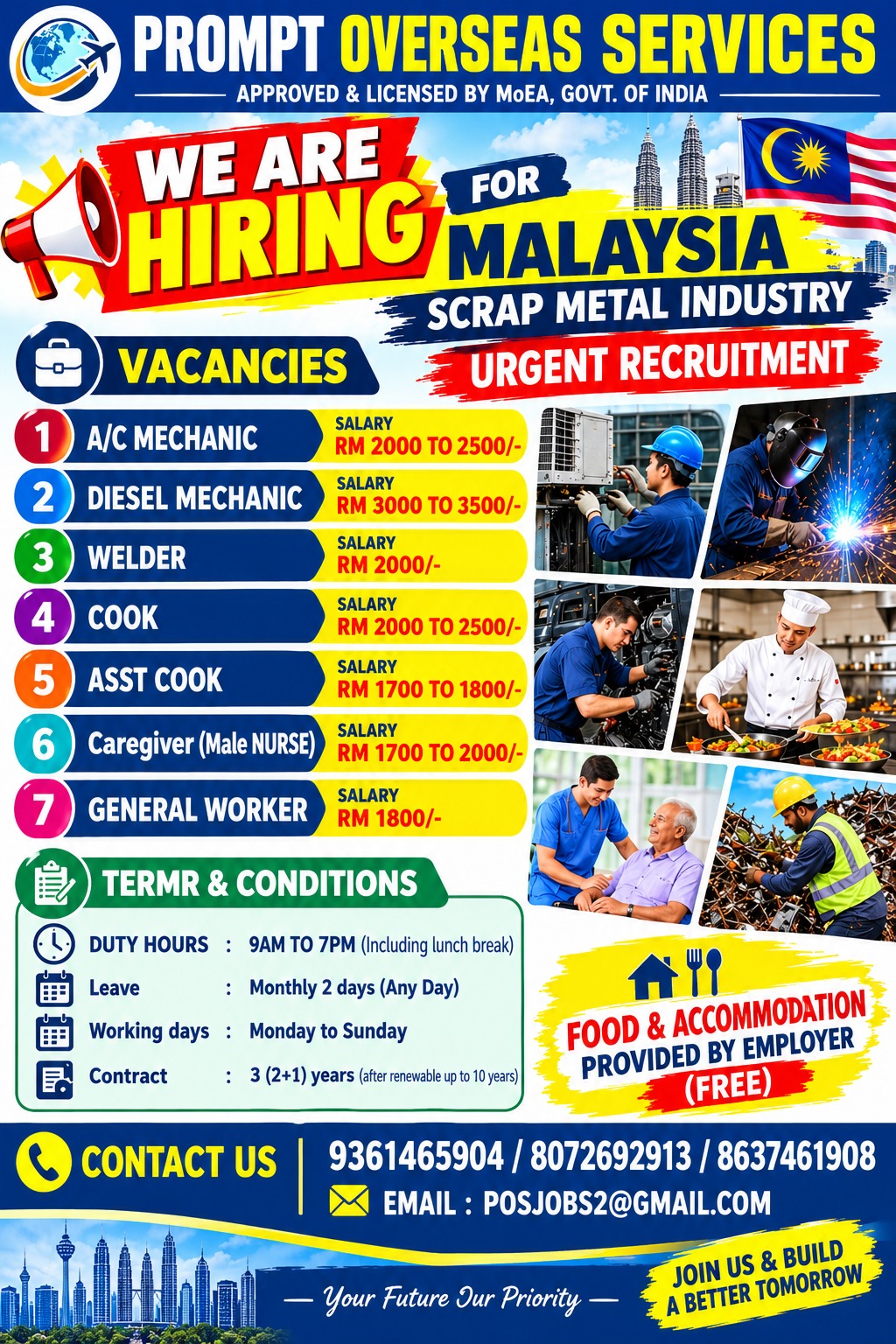 GENERAL WORKER, AC TECHNICIAN, DIESEL MECHANIC,WELDER,COOK — PROMPT OVERSEAS SERVICES, MALAYSIA