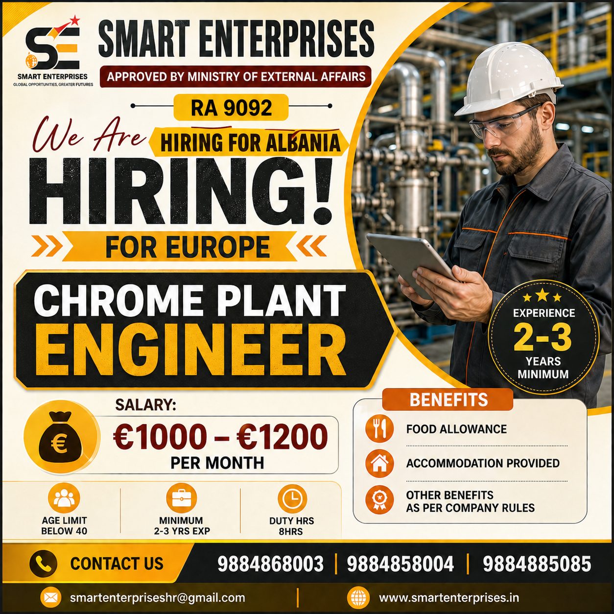 CHROME PLANT ENGINEER — smartenterpriseshr@gmail.com, ALBANIA