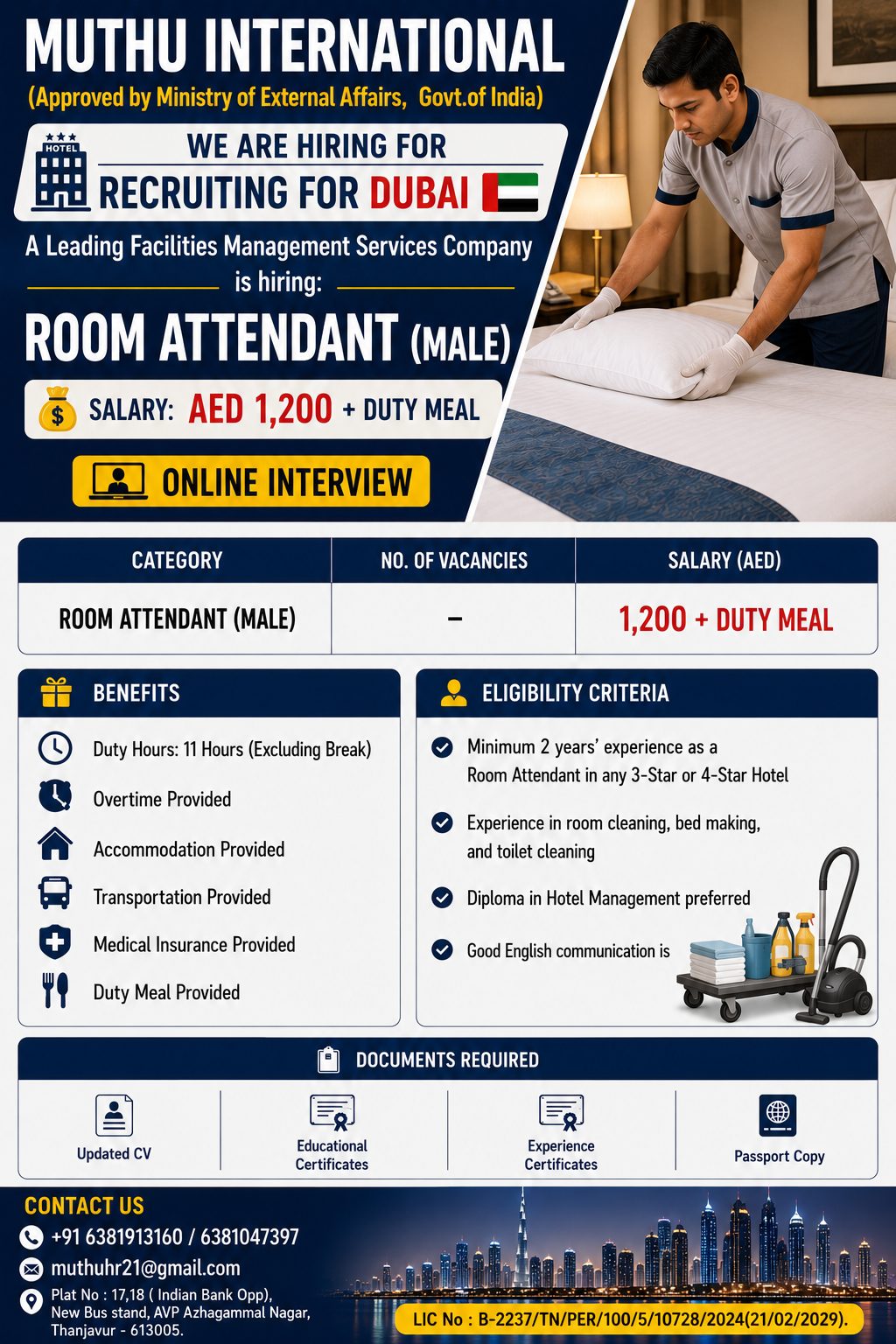 Room Attendant — MUTHU INTERNATIONAL, Dubai, Dubai