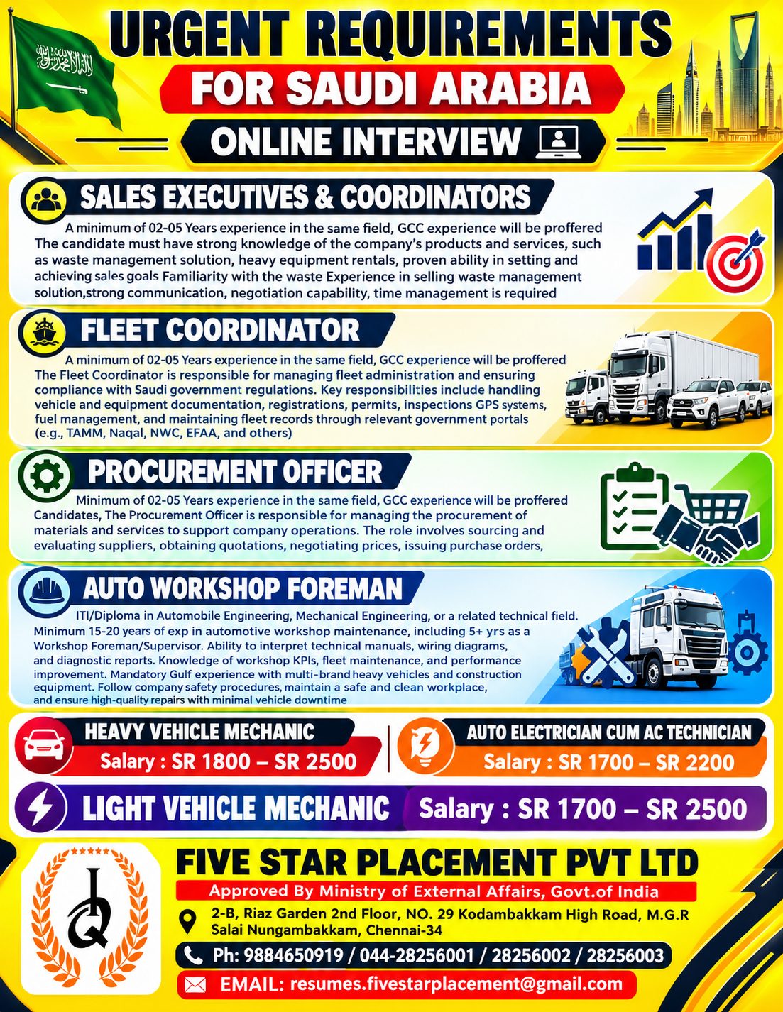 URGENTLY REQUIRED FOR SAUDI ARABIA - ONLINE INTERVIEW