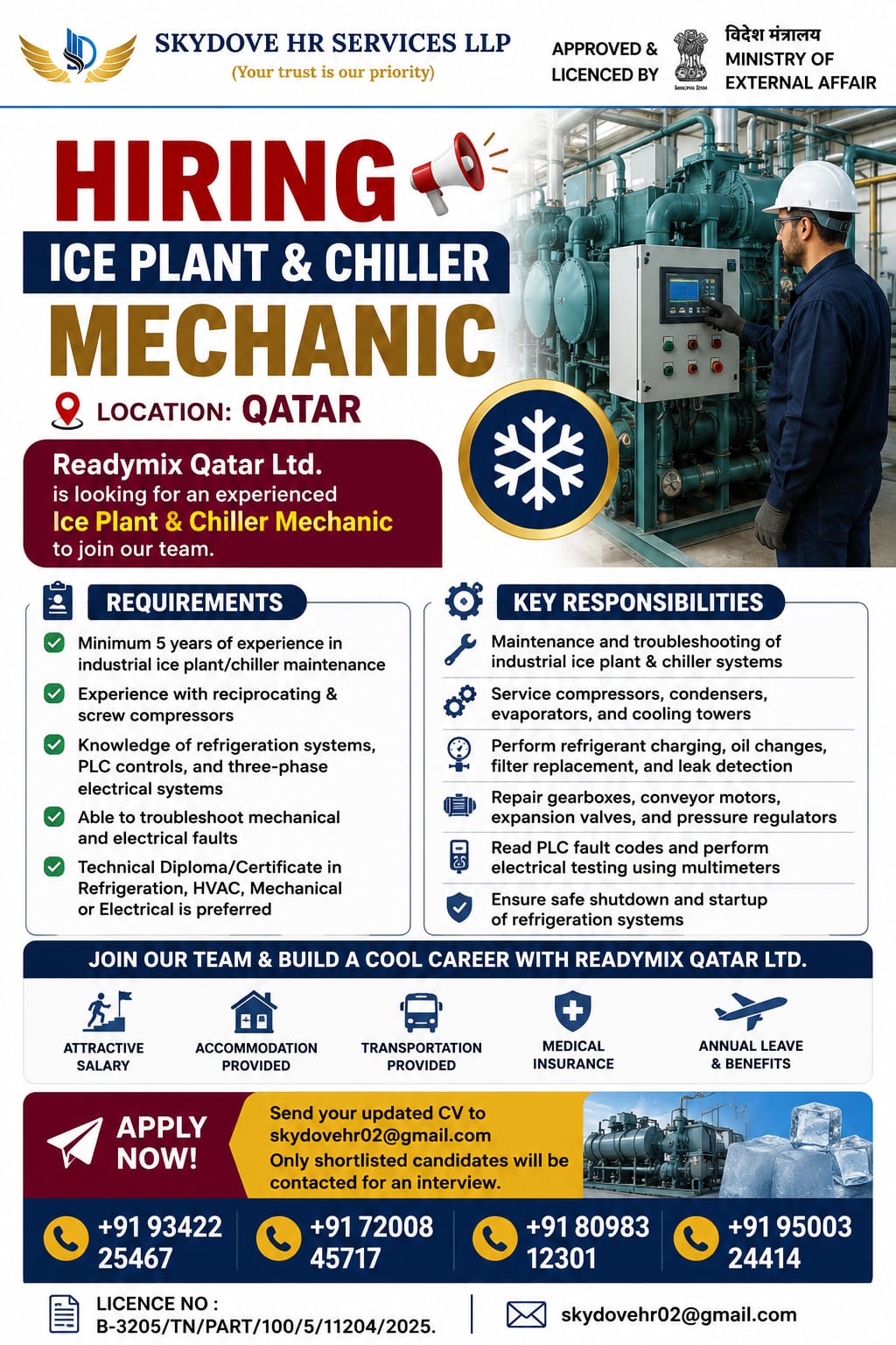 Ice plant & Chiller Mechanic — SKY DOVE HR SERVICES LLP, Qatar