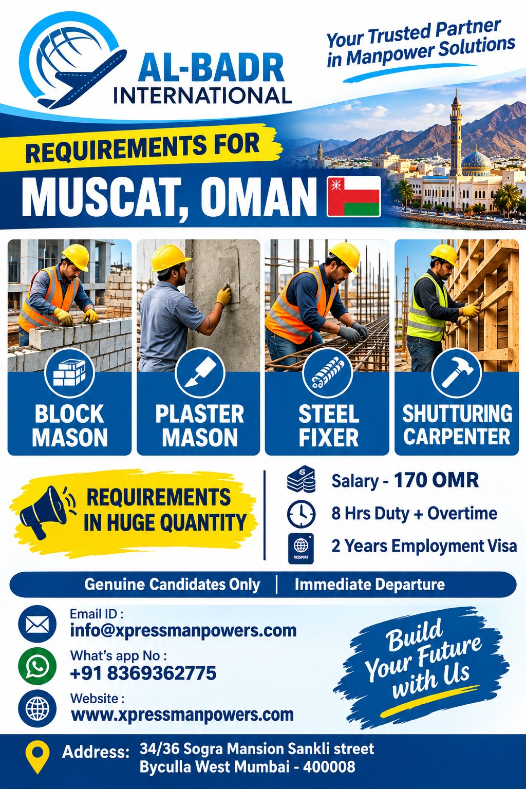 Construction Workers for Muscat, Oman