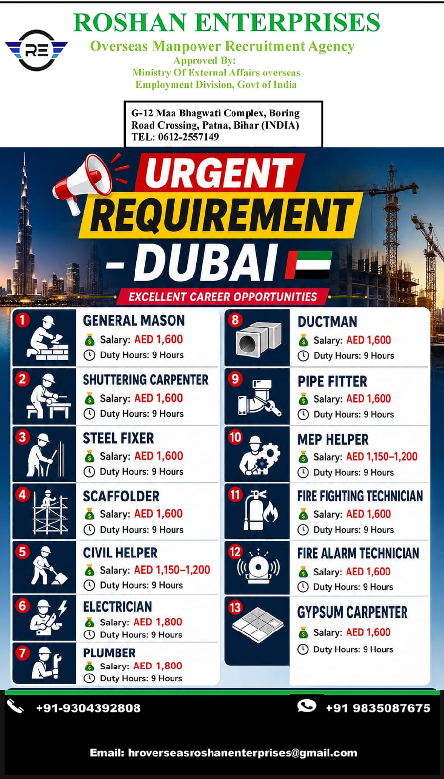 Urgent Requirement - Dubai(UAE)= — M/S  Roshan Enterprises, UAE, UAE