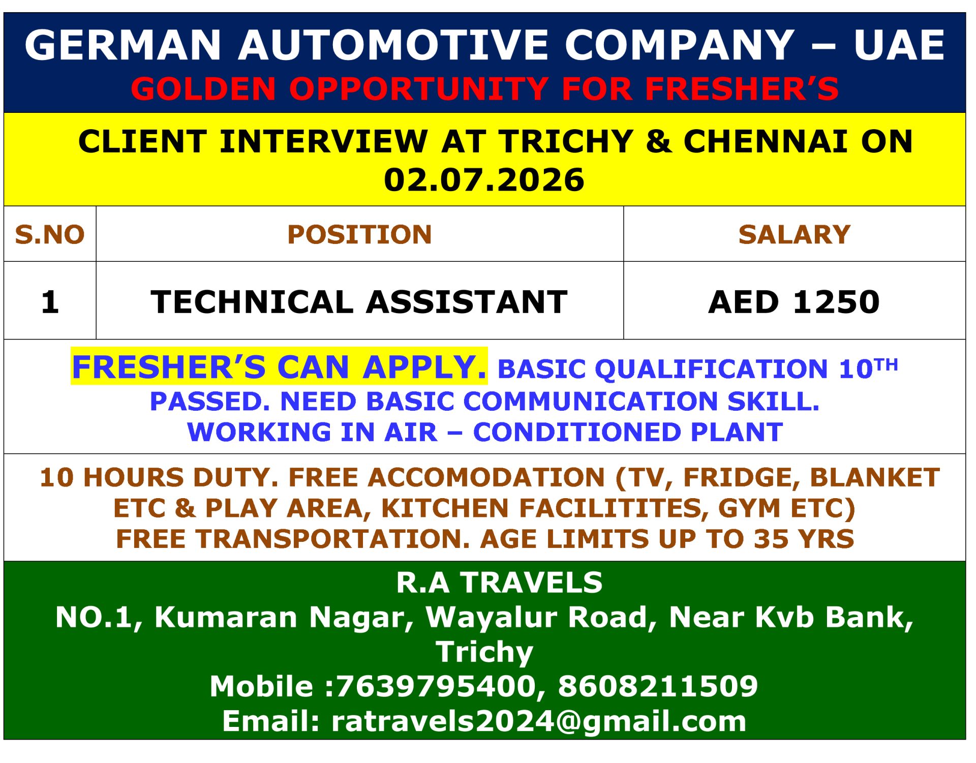 TECHNICAL ASSISTANT — R.A Travels, DUBAI