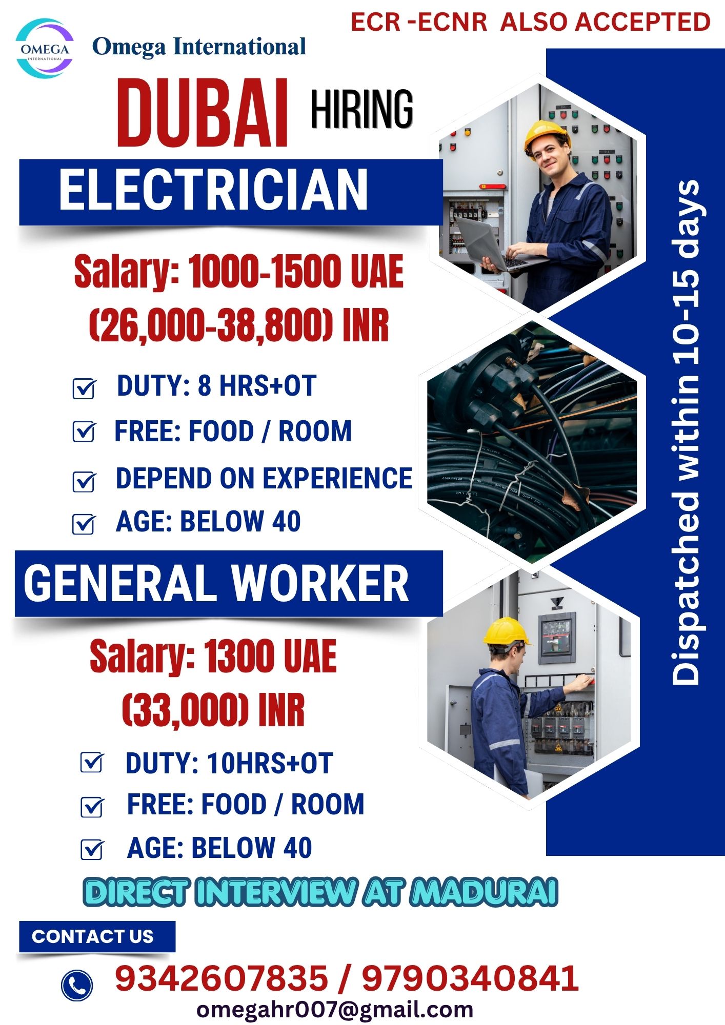 WANTED FOR ELECTRICIAN AND HELPERS — OMEGA INTERNATIONAL HR SOLUTIONS, DUBAI
