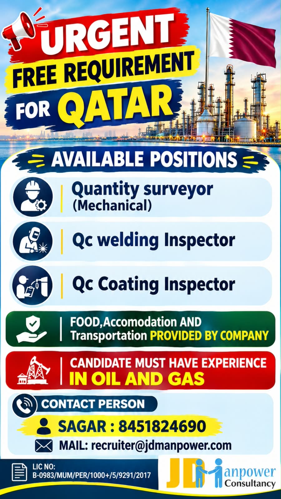 Urgent Free Requirement for Qatar — JD Manpower Consultancy, Qatar, Qatar