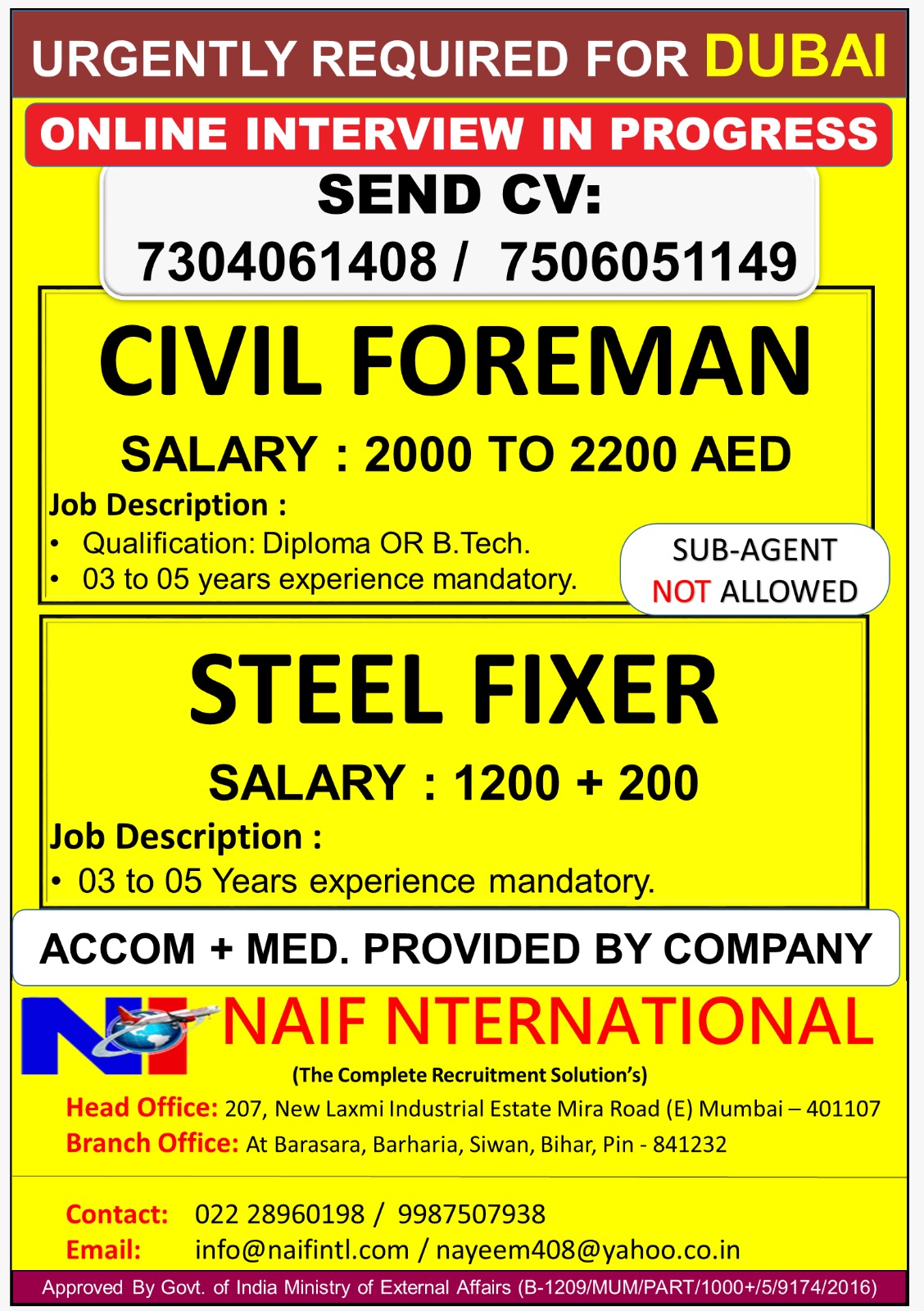 Civil Foreman & Steel Fixer For Dubai — NAIF INTERNATIONAL, United Arab Emirates, United Arab Emirates