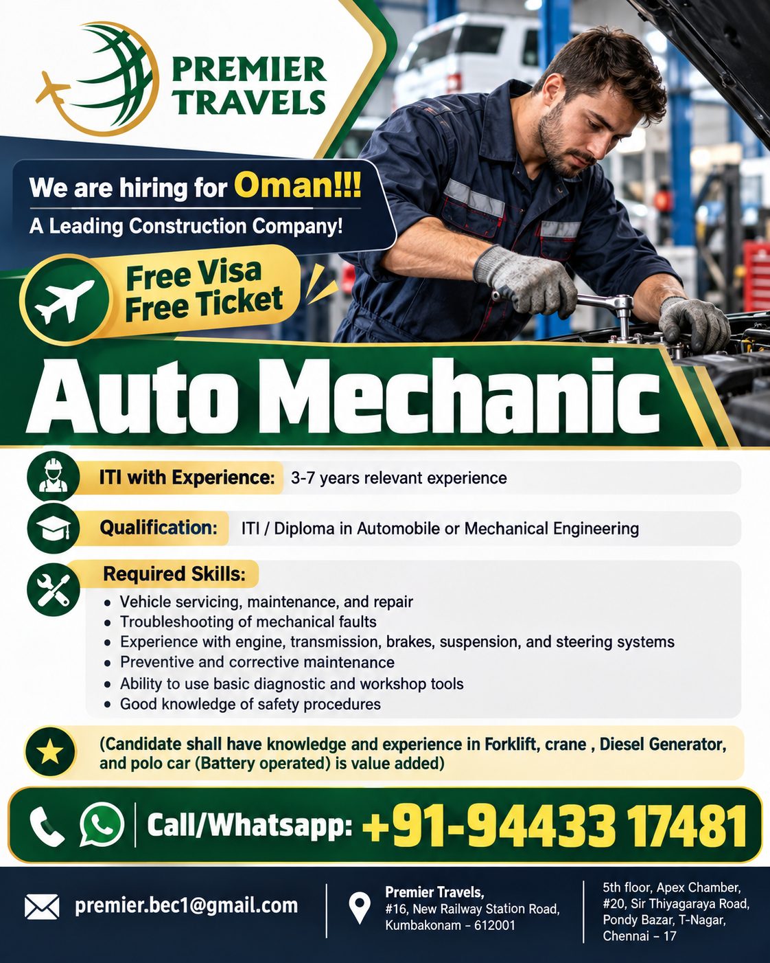 Auto Technician requirement for Oman — Premier Travels, OMAN