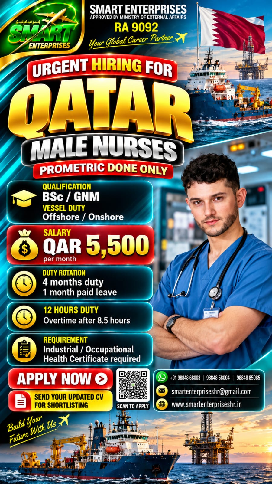 REQUIRES INDUSTRIAL MALE NURSE — smartenterpriseshr@gmail.com, QATAR, QATAR