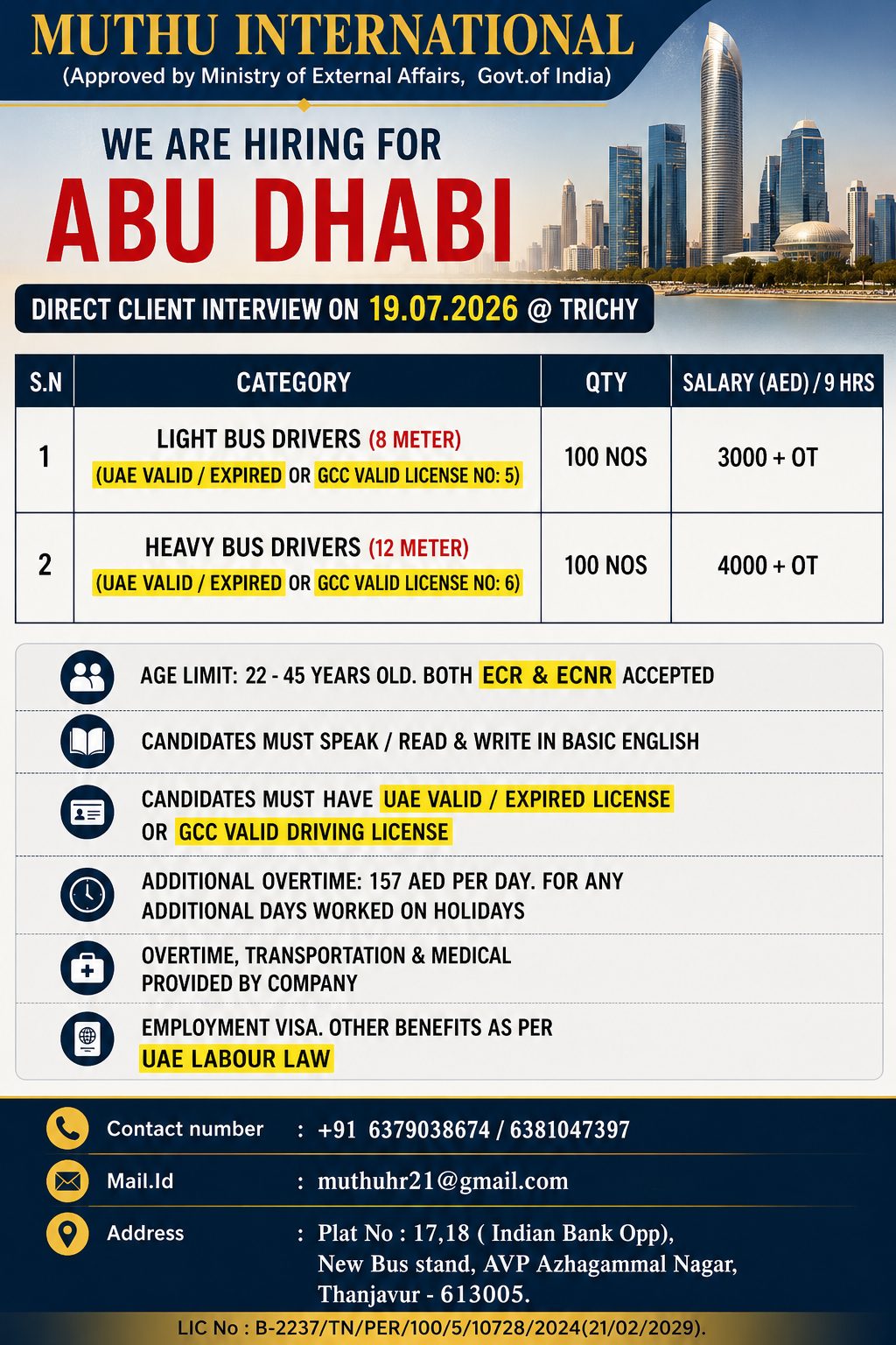 light and heavy bus Driver — MUTHU INTERNATIONAL, Adu Dhabi, Adu Dhabi
