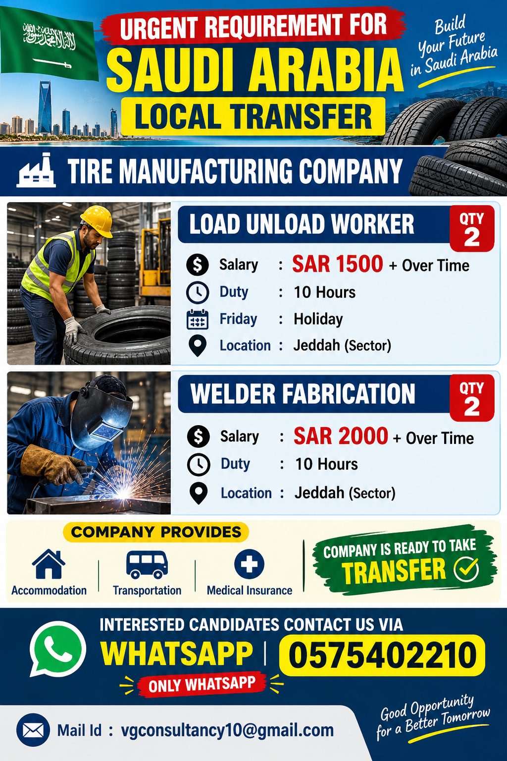 Urgent Requirement for Saudi Arabia Local Transfer - Tire Manufacturing Company — V.G. Consultancy, Saudi Arabia, Saudi Arabia