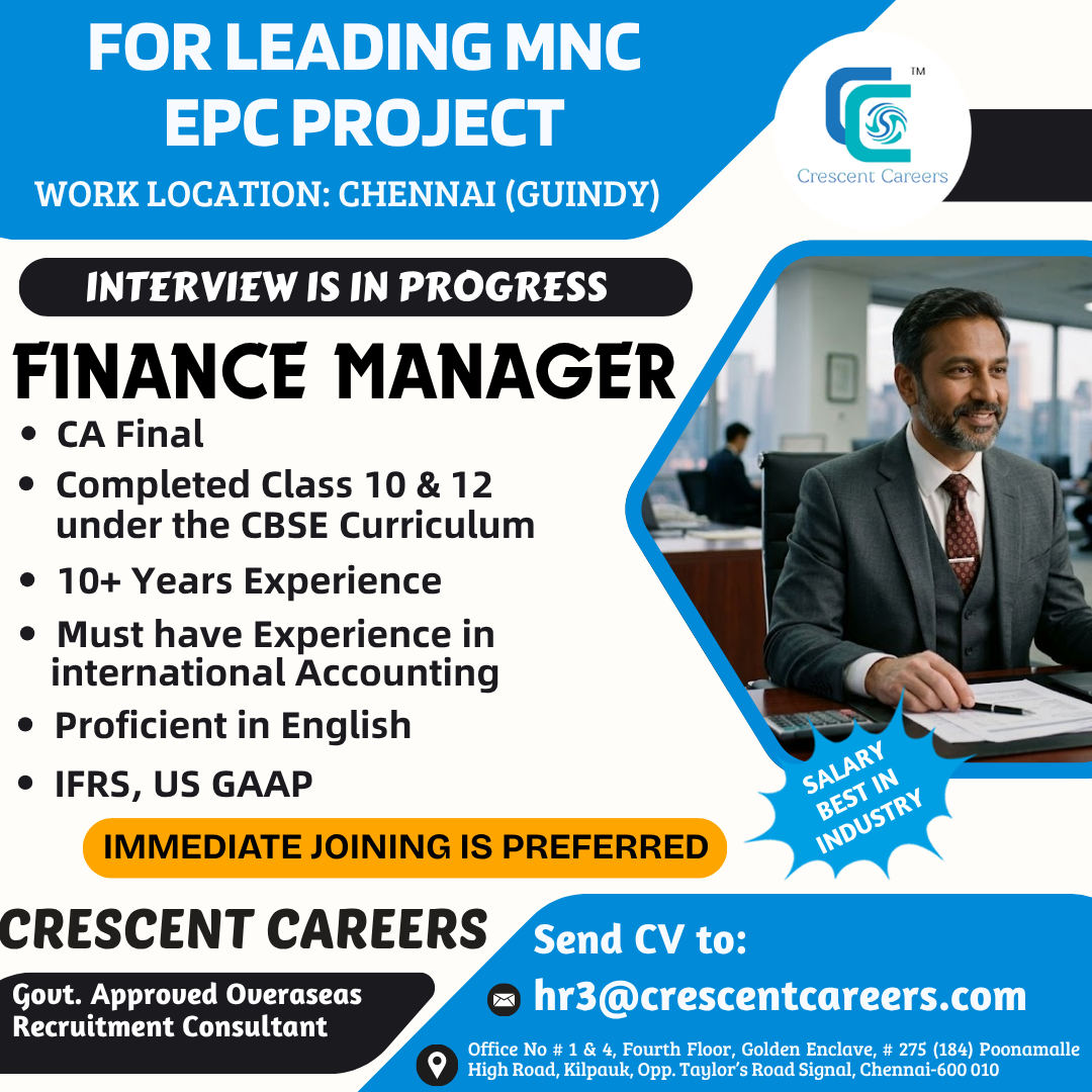 Finance Manager for Leading MNC EPC Project — Crescent Careers, India, India