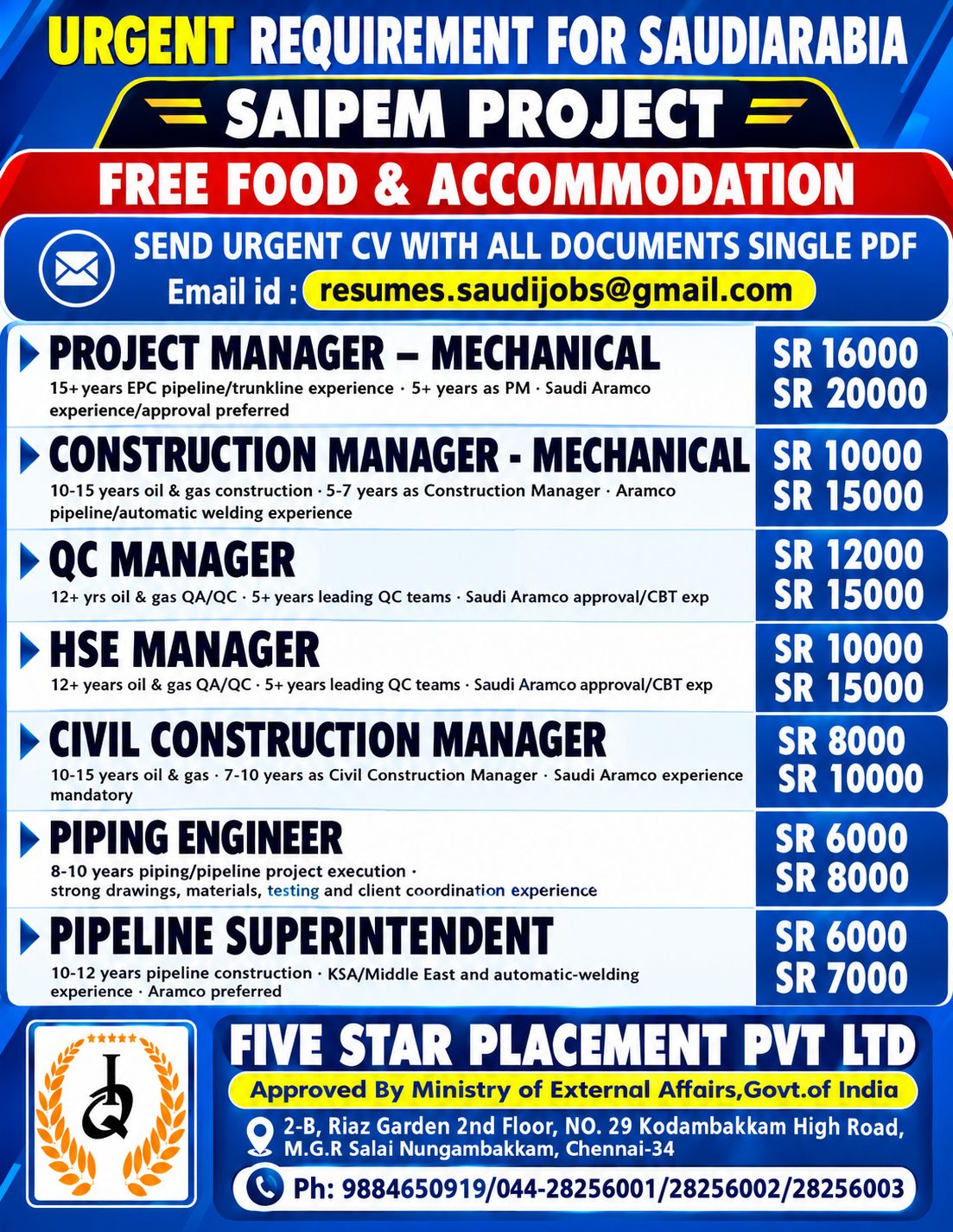 URGENT REQUIREMENT FOR SAUDI ARABIA  4 - ONLINE INTERVIEW