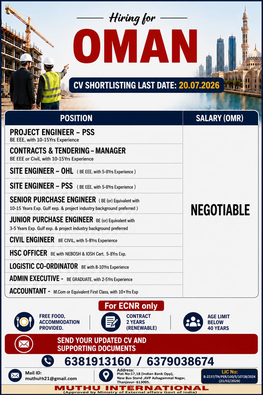 Civil Engineers — MUTHU INTERNATIONAL, OMAN