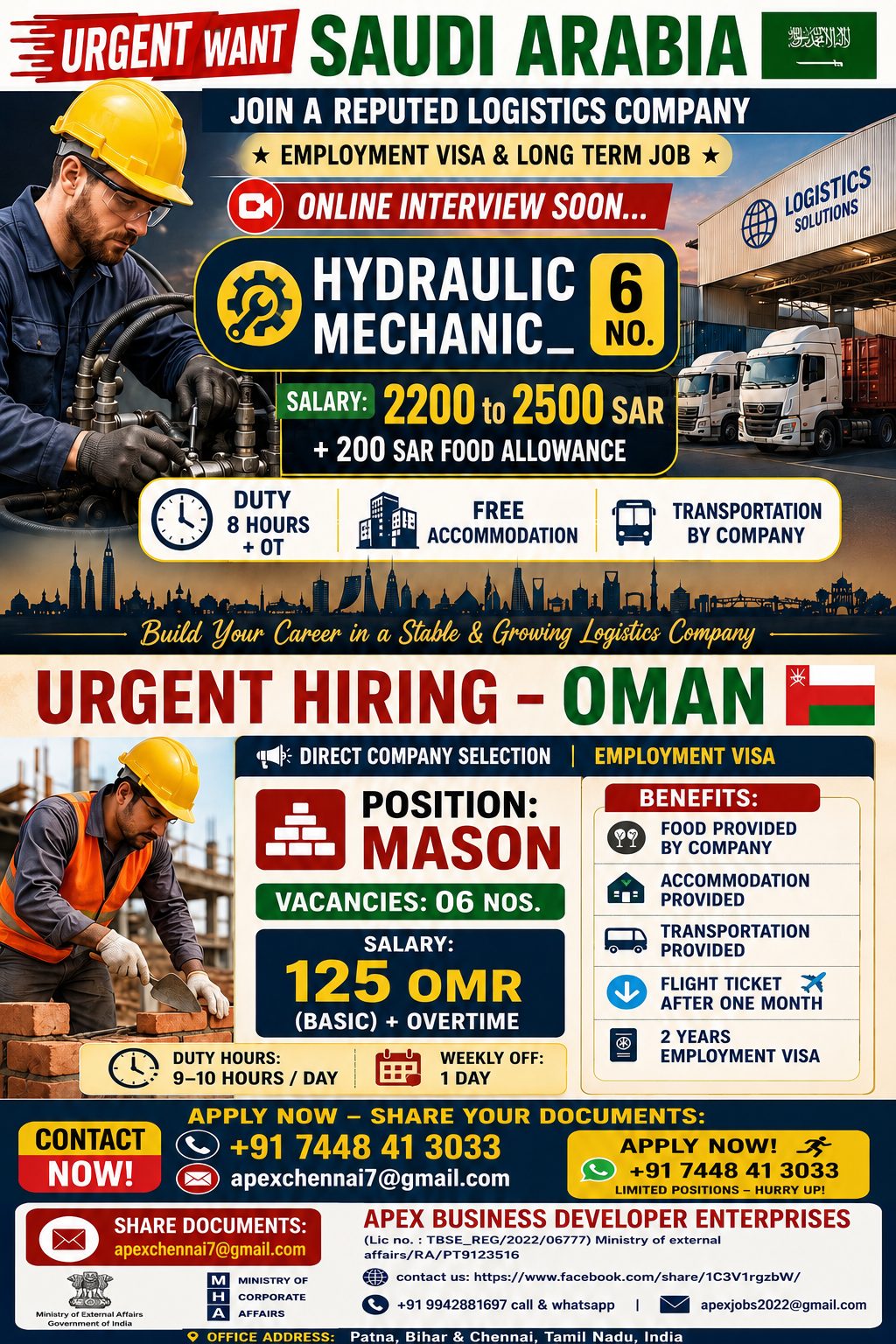 Hydraulic Mechanic & Mason — Apex Business Developer Enterp, Saudi Arabia, Oman, Saudi Arabia, Oman