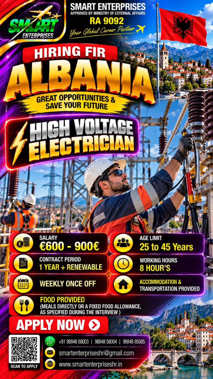HIGH VOLTAGE ELECTRICIAN ALBANIA — smartenterpriseshr@gmail.com, ALBANIA