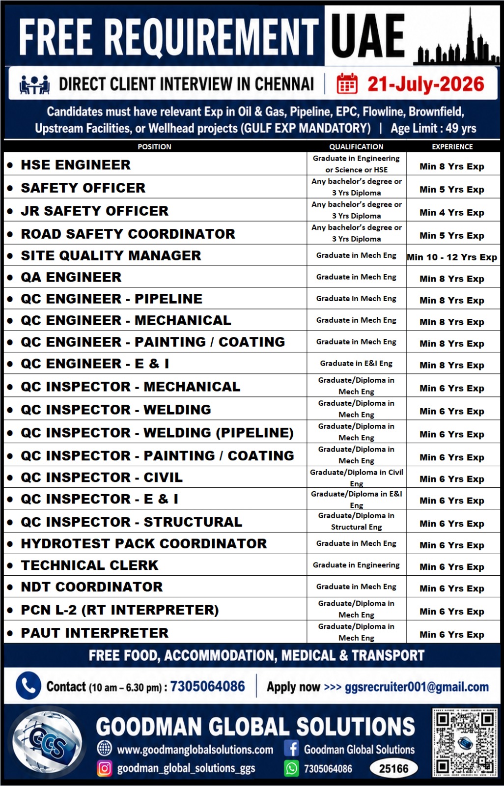 FREE REQUIREMENT-UAE- LONG TERM DIRECT CLIENT INTERVIEW IN CHENNAI @ 21-07-2026 — GOODMAN GLOBAL SOLUTIONS, uae, uae