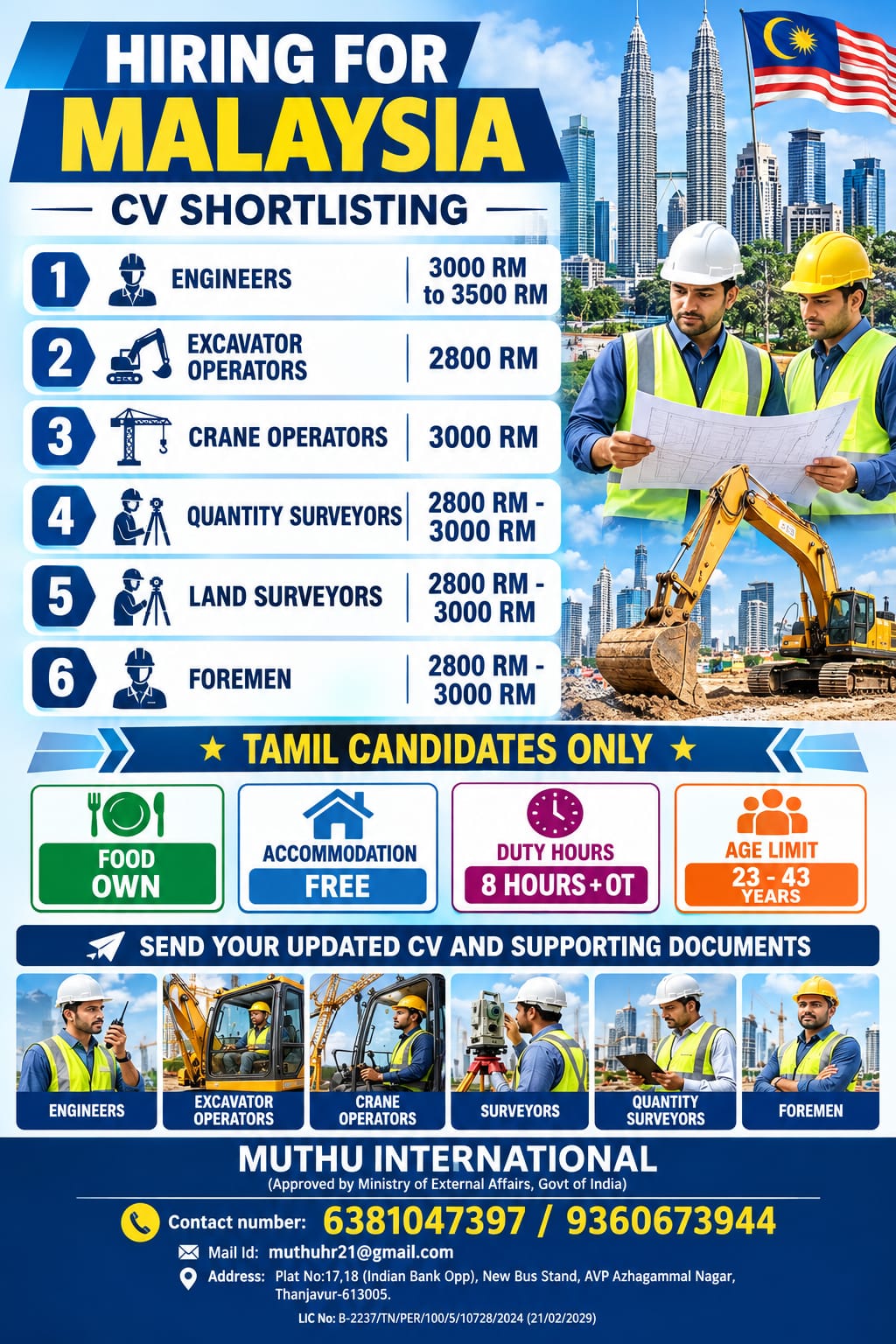Construction & Engineering Positions - Malaysia Hiring — MUTHU INTERNATIONAL, Malaysia