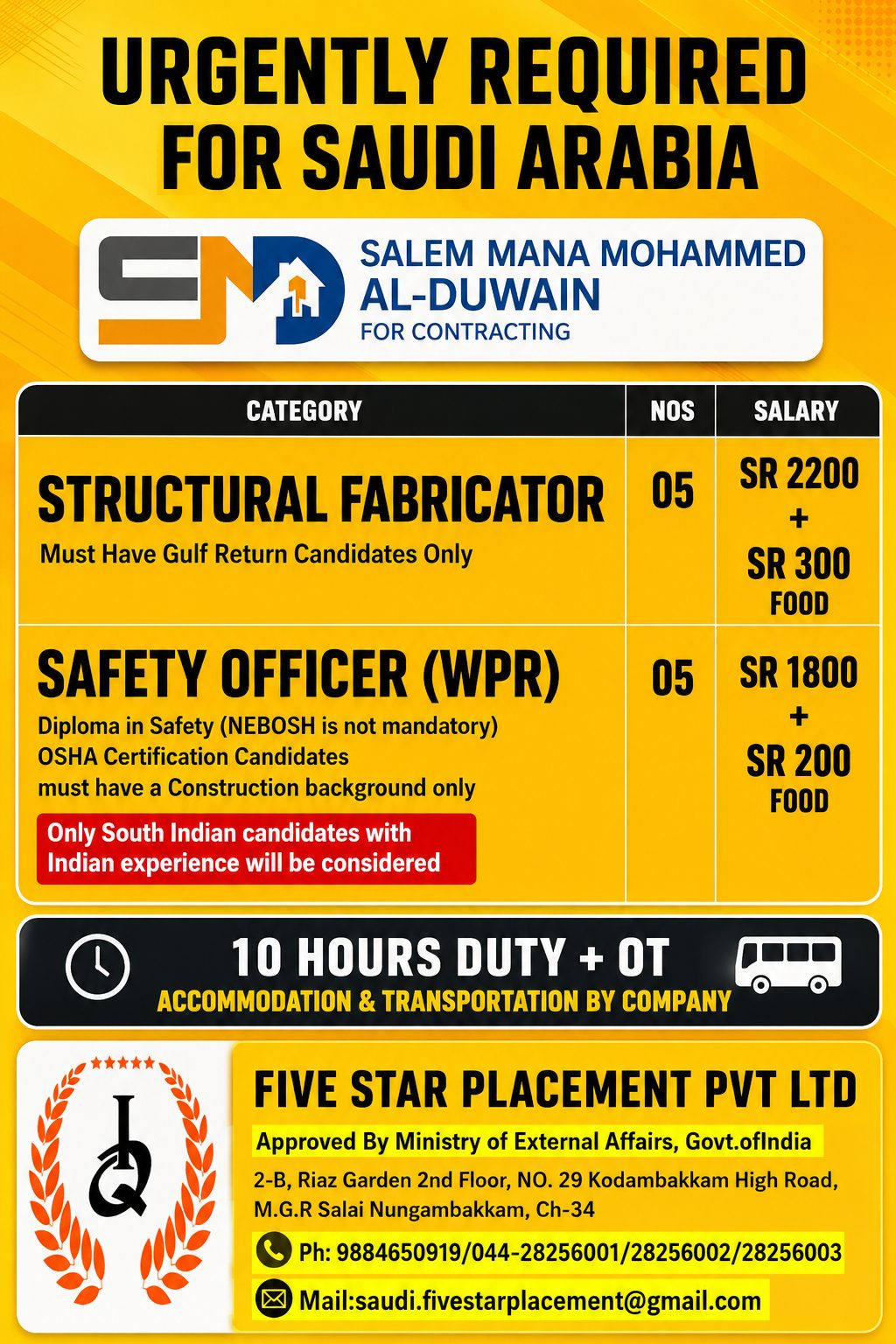 URGENT REQUIREMENT FOR  SAUDI ARABIA -.Salem Al Duwain Co. Dammam — Five Star Placement Pvt Ltd, SAUDI ARABIA, SAUDI ARABIA