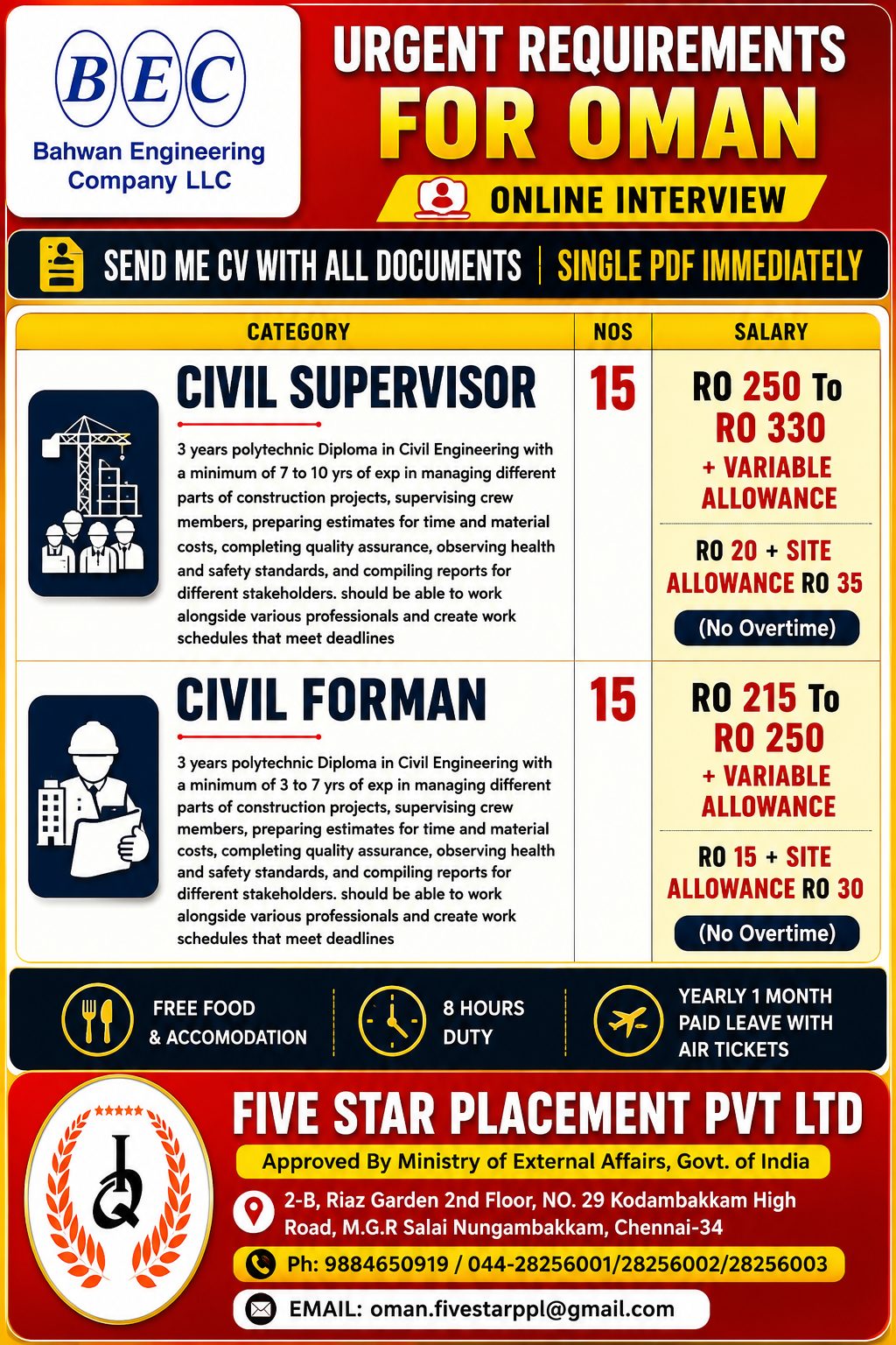 URGENT REQUIREMENTS FOR CIVIL SUPERVIOR ,CIVIL FORMAN IN OMAN — Five Star Placement Pvt Ltd, OMAN, OMAN
