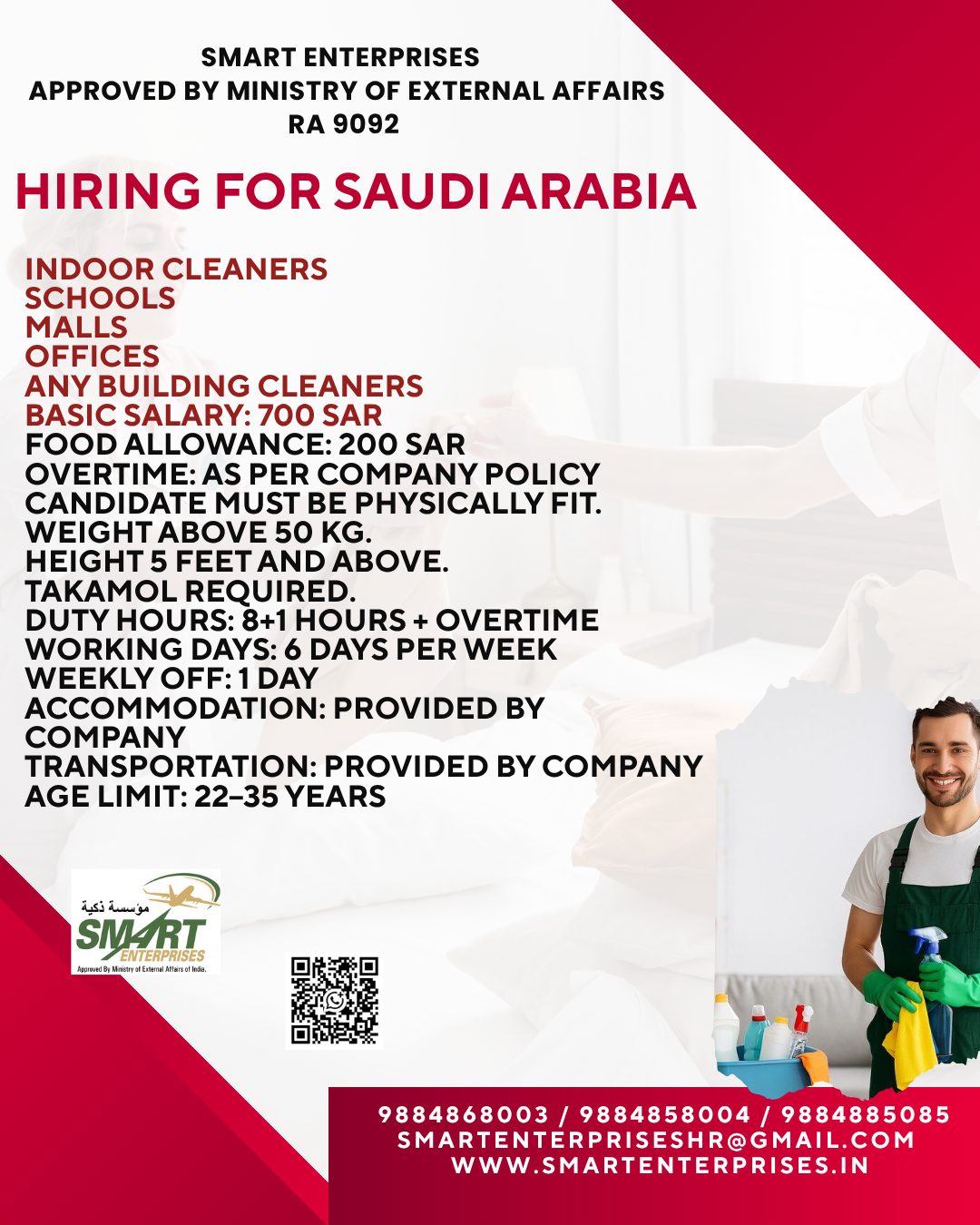 Indoor Cleaners — smartenterpriseshr@gmail.com, SAUDI ARABIA