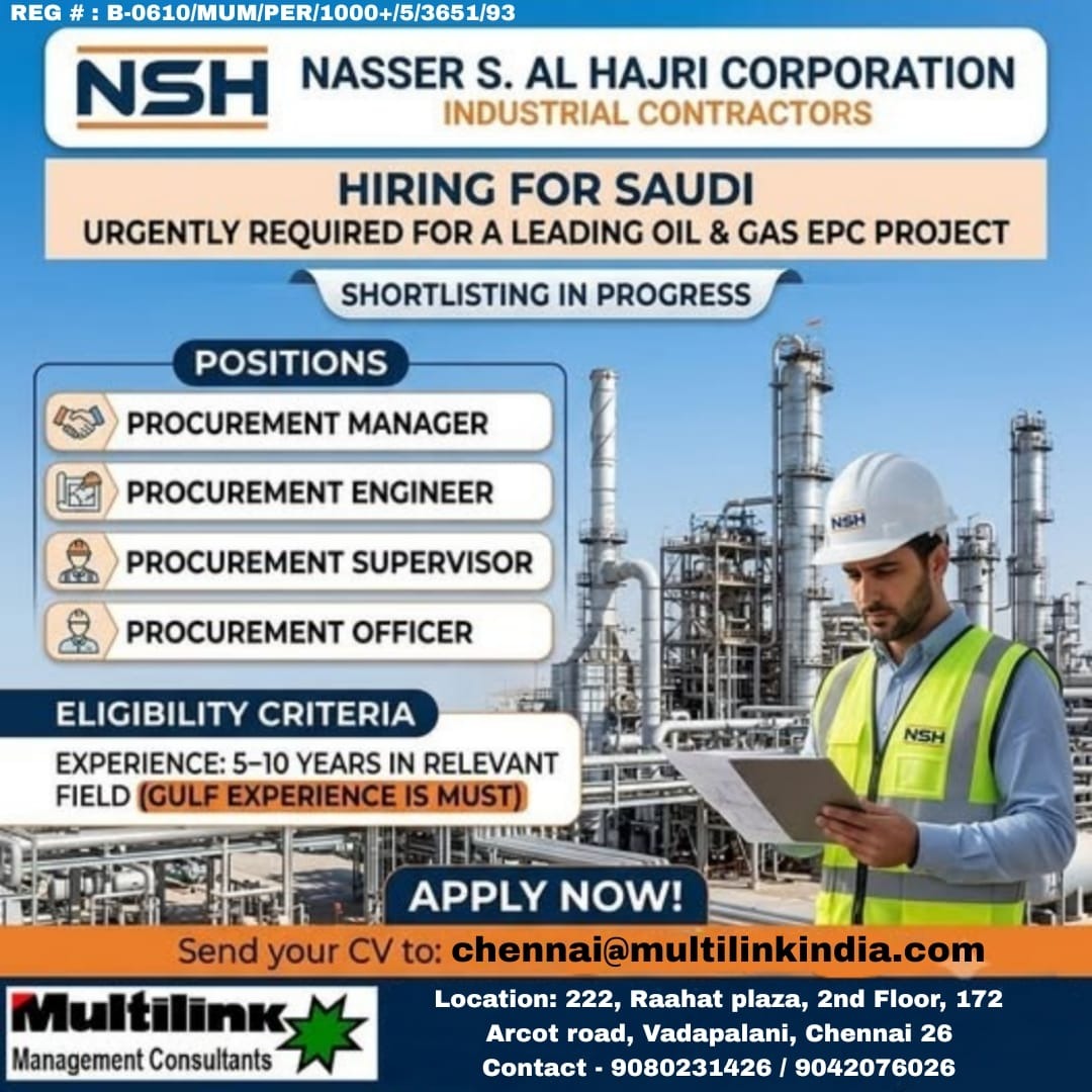 Procurement Positions for Leading Oil & Gas EPC Project — MULTILINK
MANAGEMENT
CONSULTANTS PVT.
LTD, Saudi Arabia