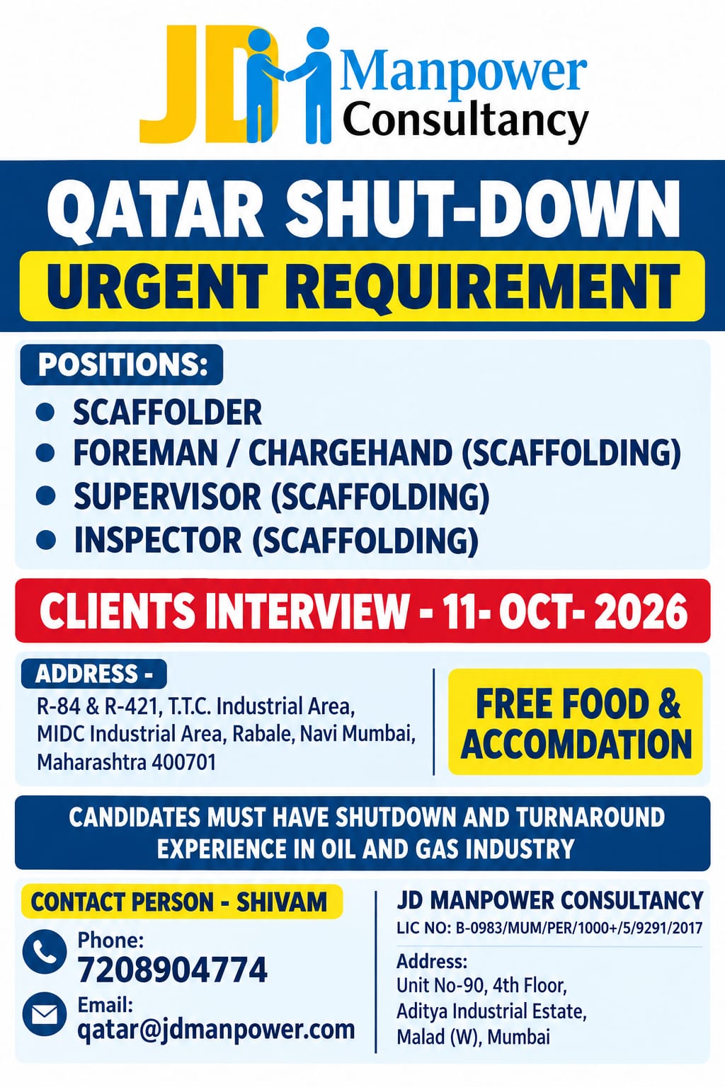 Qatar Shut-Down Urgent Requirement — JD Manpower Consultancy, Qatar, Qatar