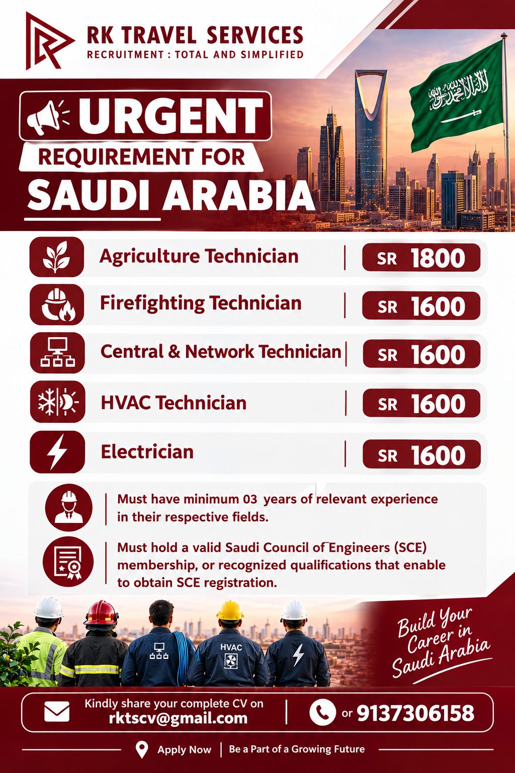 Urgent Requirement for Saudi Arabia — RK Travel Services, Saudi Arabia, Saudi Arabia